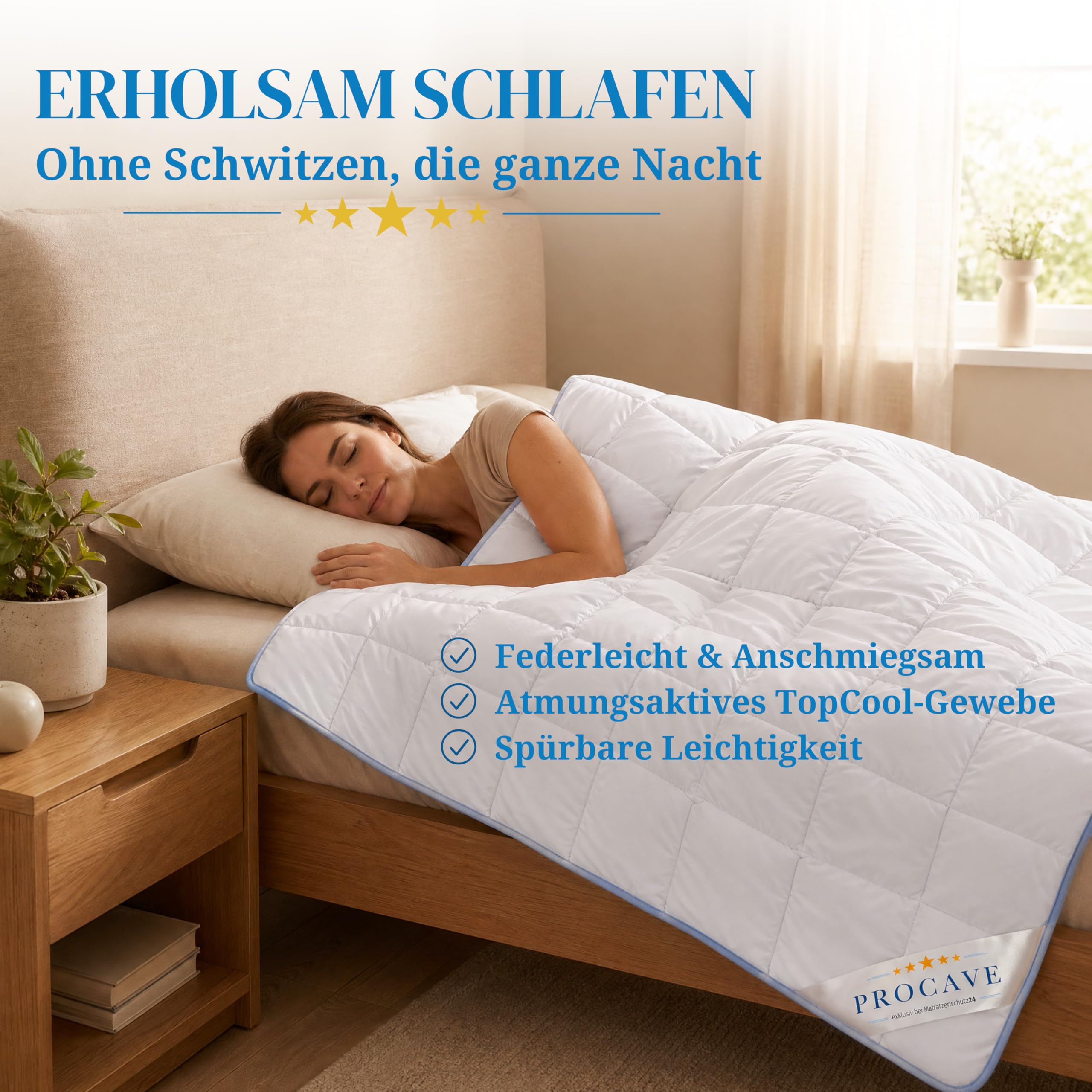 PROCAVE TopCool Sommer-Bettdecke 200x220 cm, atmungsaktiv & kühlend | gegen Nachtschwitzen, federleicht, 95 Grad kochfest waschbar, für Allergiker, formstabile Steppung, Made in Germany