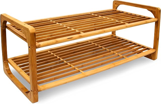 Relaxdays 2-Tier Bamboo Rack Wooden Holder Decorative Storage Solution for 6 Pairs of Shoes, 75 x 33 x 33 cm, Natural, Brown