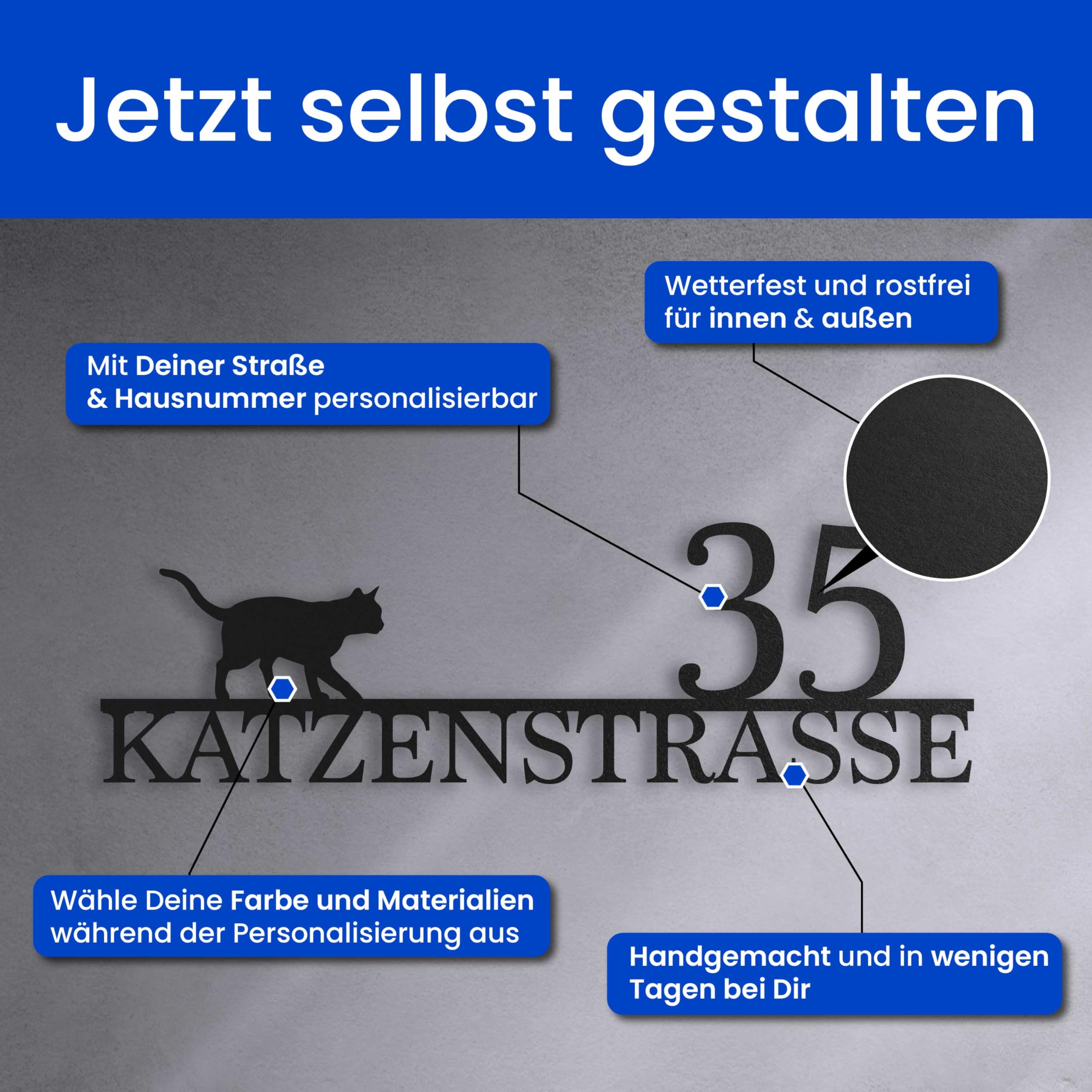 Steelmonks Straßenschild mit Hausnummer. Metall Adressschild und Plakette als Haustürschild oder Einweihungsgeschenk (Straßenschild mit Katze)