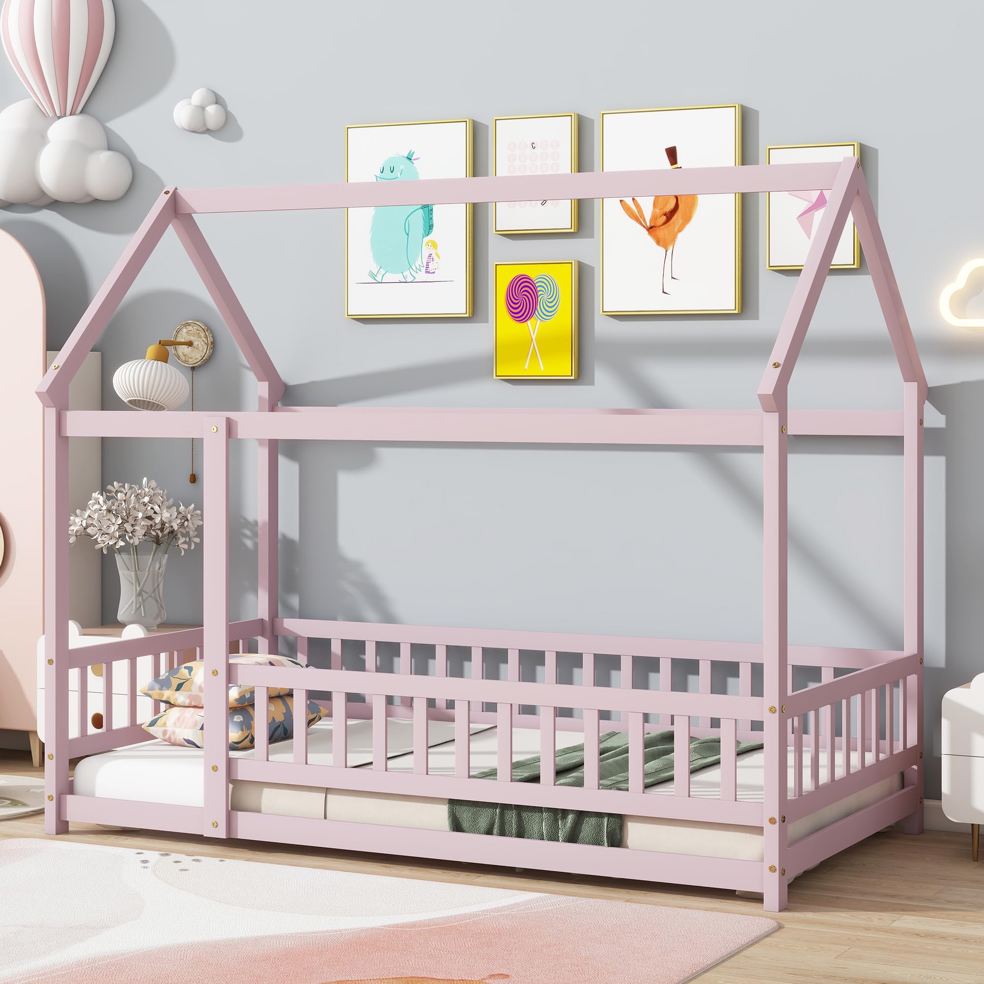 Twin Size Montessori Floor Bed with Roof & Fence for Boys Girls Bedroom,Twin Size Platform Solid Wood Bed Frame w/Safety Guardrails,Easy Assemble,No Box Spring Needed, Pink