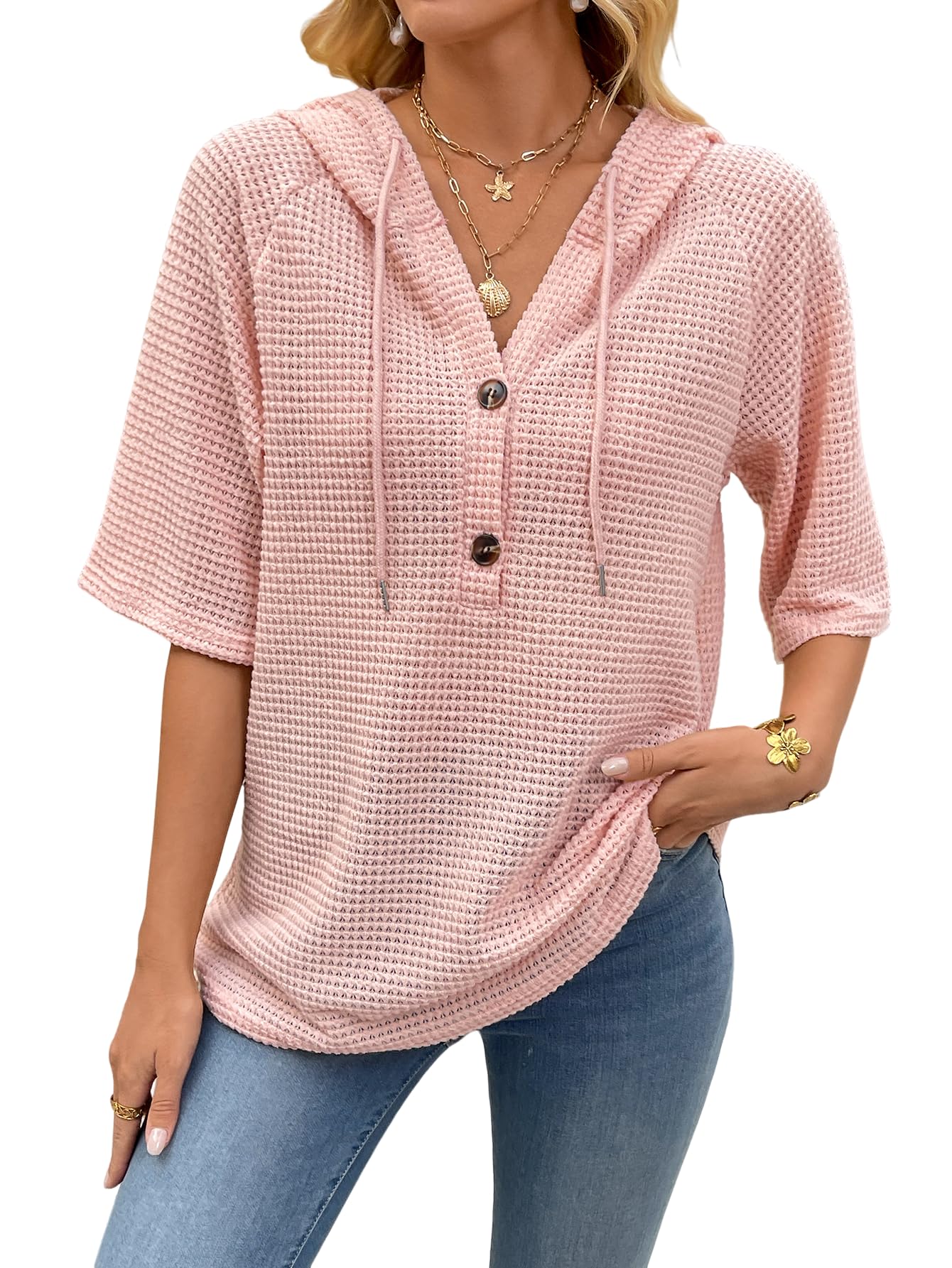 Women's Short Sleeve Tops Waffle Knit Hoodies Drawstring Button V Neck Casual Blouses Shirts Spring Summer Outfits