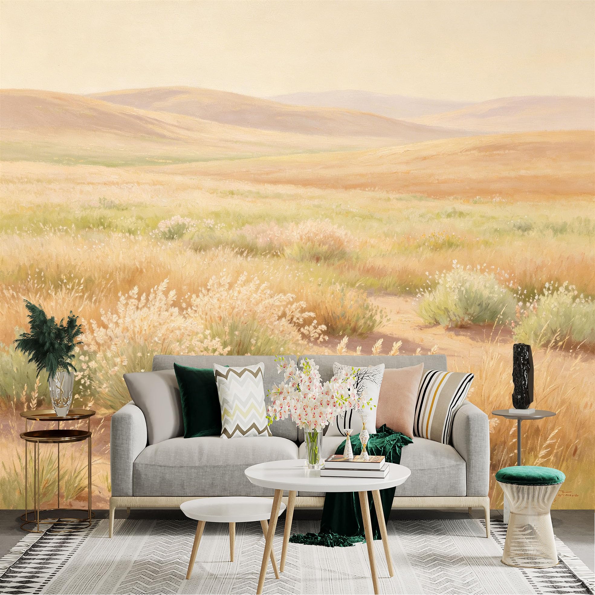 Lnzczhyre Dbh260521943 Custom Size Wall Sticker Mural， Golden Desert Landscape， Vast Sandy Terrain， Wild Meadow Plants， Sunlit Rolling Hills， For Wall Decoration， Peelandstick Wall Decals.