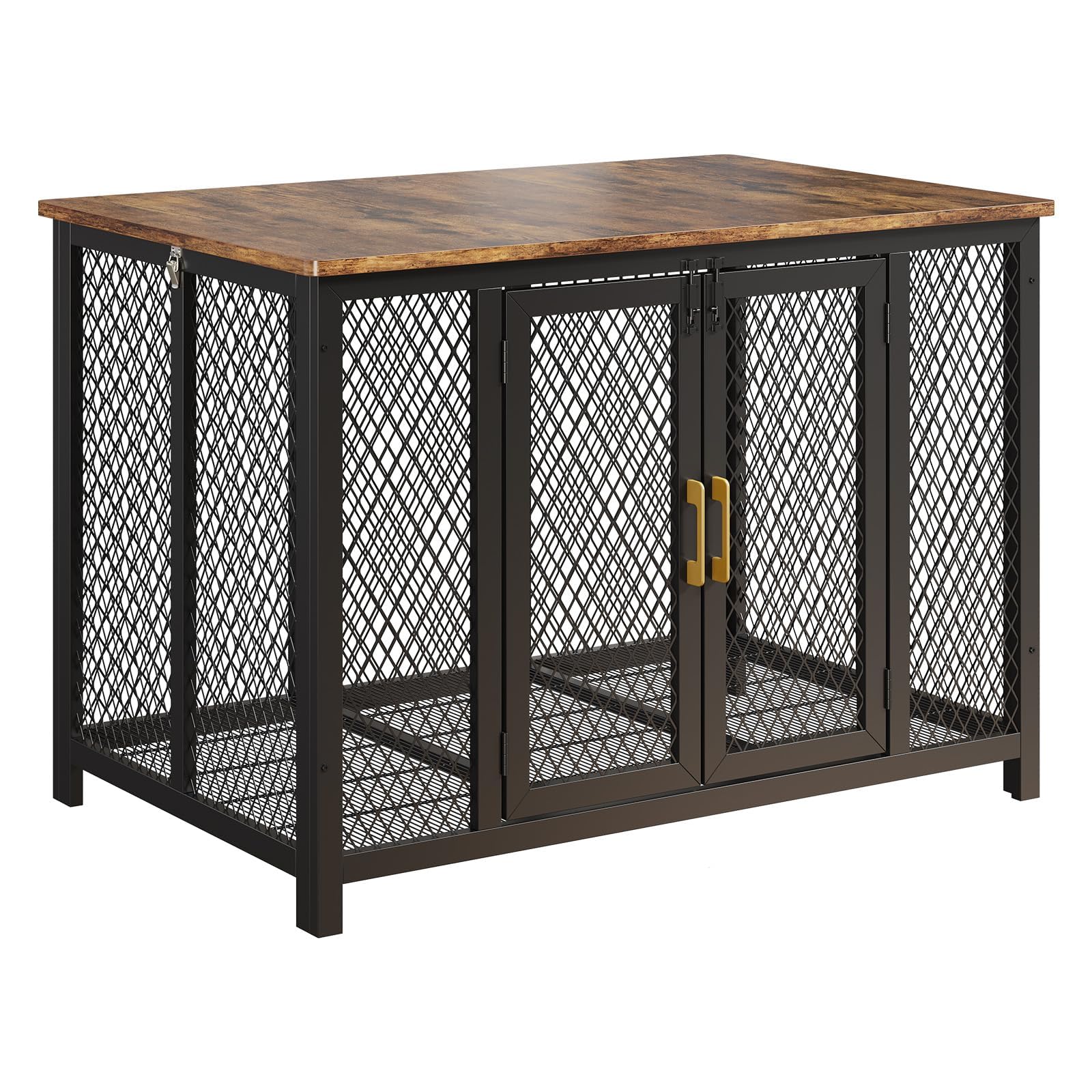Hundekäfig Möbel, Hochbelastbar Hundebox Aus Holz Für Den Innenbereich Mit Futtertür Oben, Mehrtür-Design, Großer Hundekäfig-Beistelltisch, 118.5 x 78 x 82.5 cm, Vintage Braun