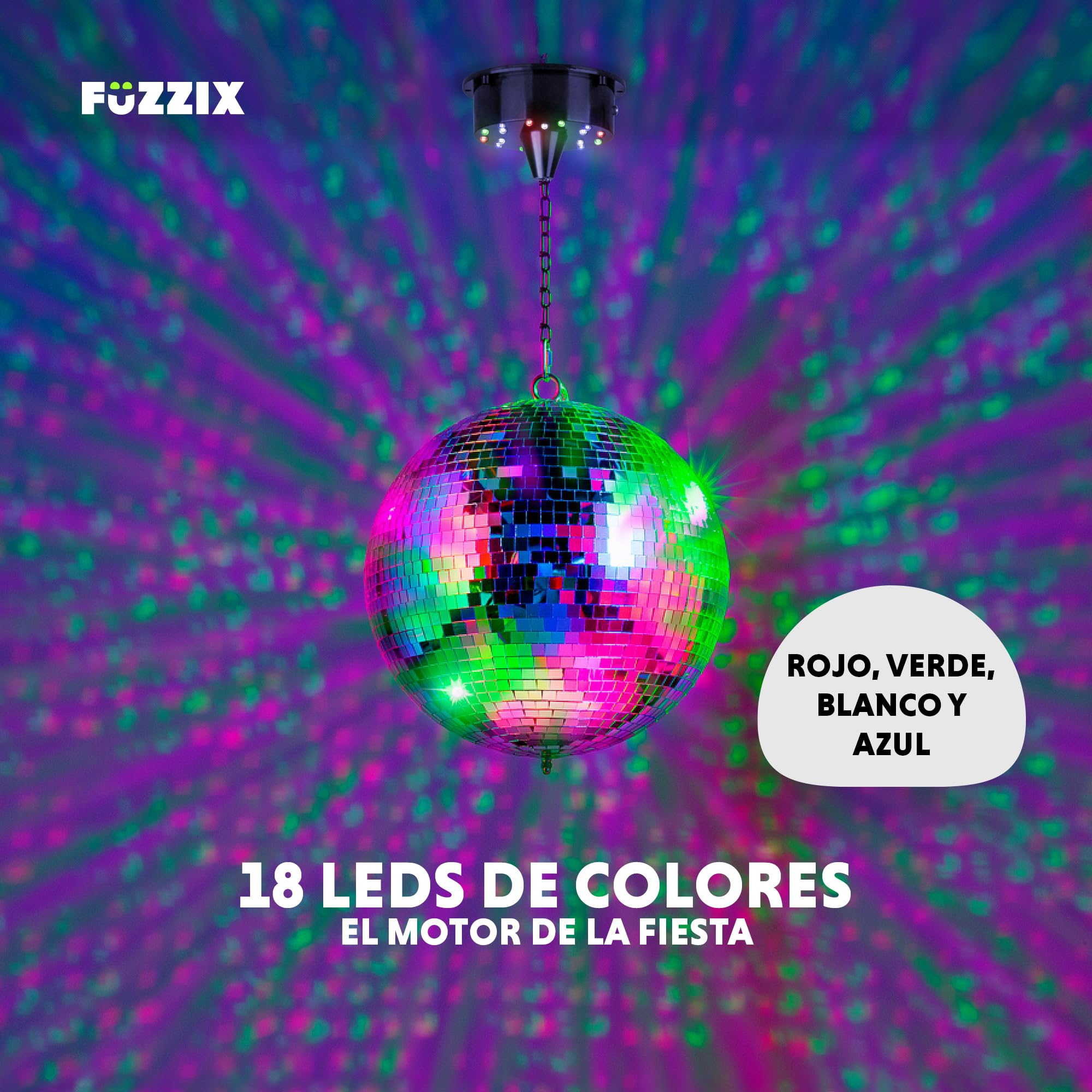 Fuzzix MB30ML Bola Disco. Bola de espejos a pilas de 30cm con motor LED giratorio. Bola de discoteca para colgar con LEDs. Ideal para discoteca, cumpleaños, boda, fiestas, salón de baile.