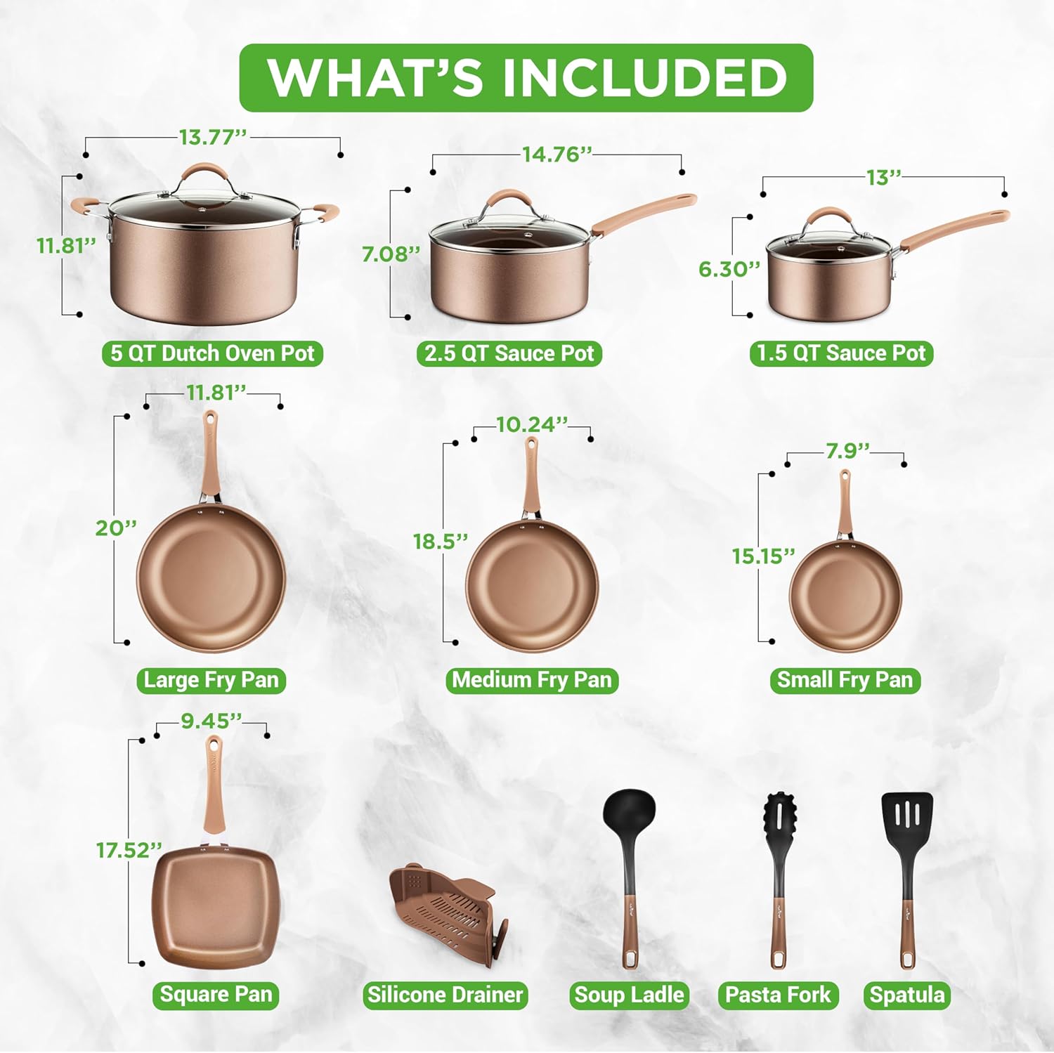 14-Piece Bronze Aluminum Non-Stick Cookware Set