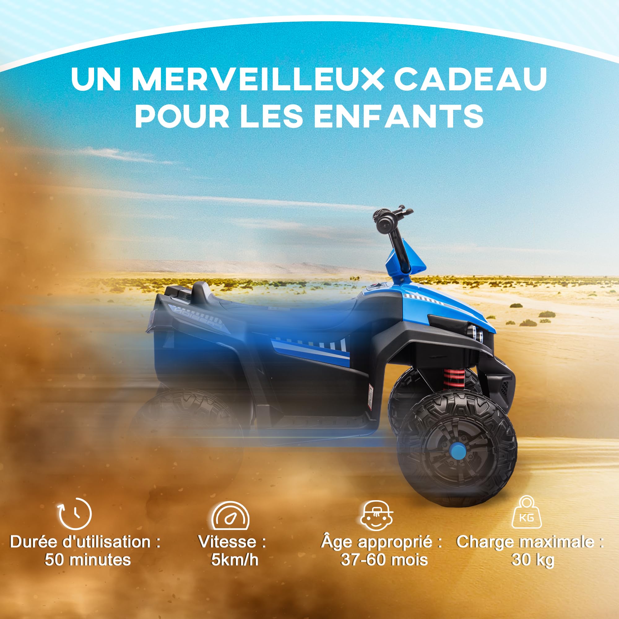 AIYAPLAY Quad Électrique Enfant 12 V, Voiture Électrique Enfants Bleu | Marche Avant Et Arrière, 2 Moteurs, 5 km/h, Klaxon, MP3, Phares LED, 37-60 Mois