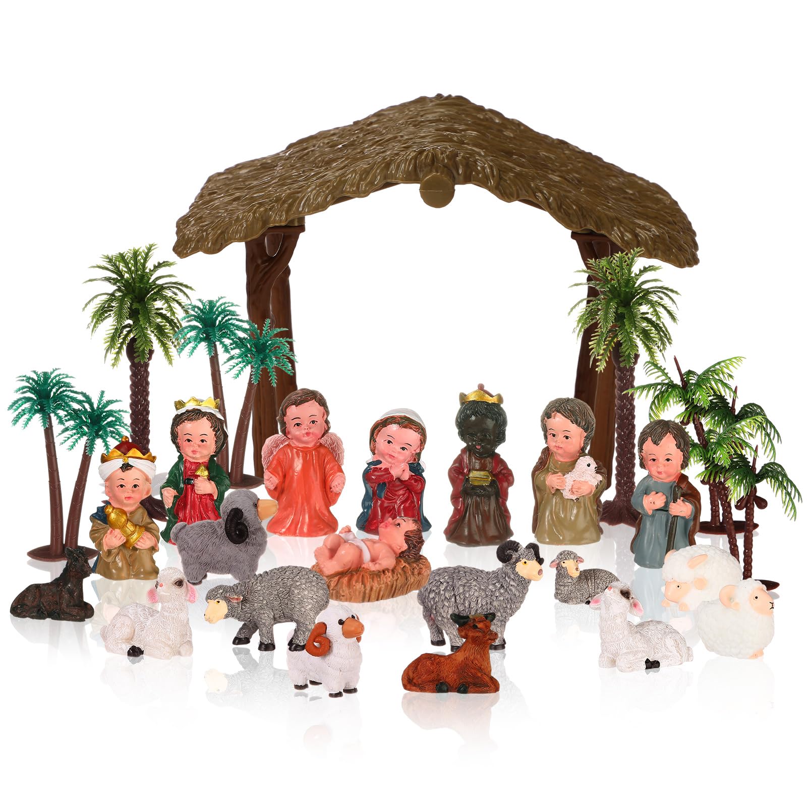 Little People Nativity Set 27 Pcs Christmas Mini Nativity Figures Including Baby Jesus Holy Family Statue Stable Miniature Nativity Figurines for Crafts Table Home Decor Present