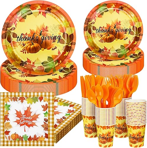 Bokon 240 platos y servilletas de papel de Acción de Gracias, hojas de arce, calabaza, decoraciones de fiesta, otoño, desechables, incluye platos,