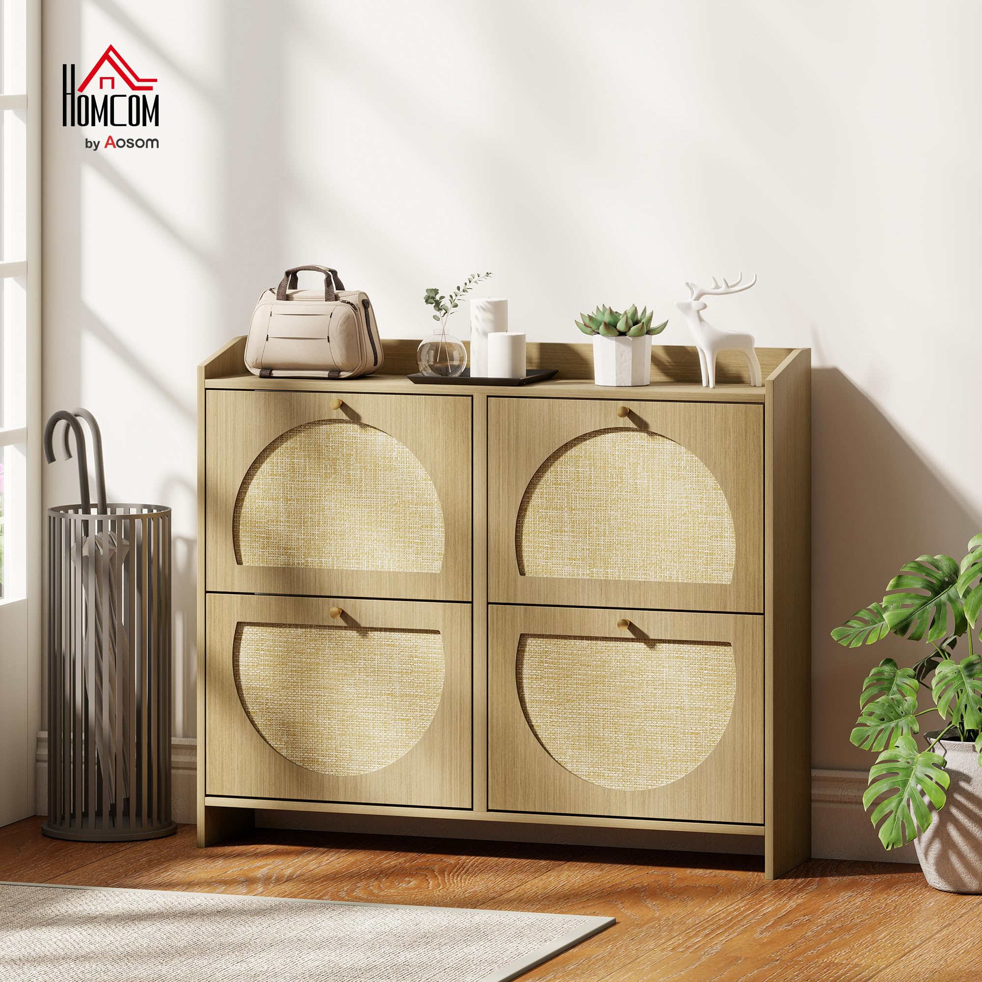 HOMCOM Zapatero Estrecho con 4 Puertas de Ratán 104,5x24x88 cm Natural