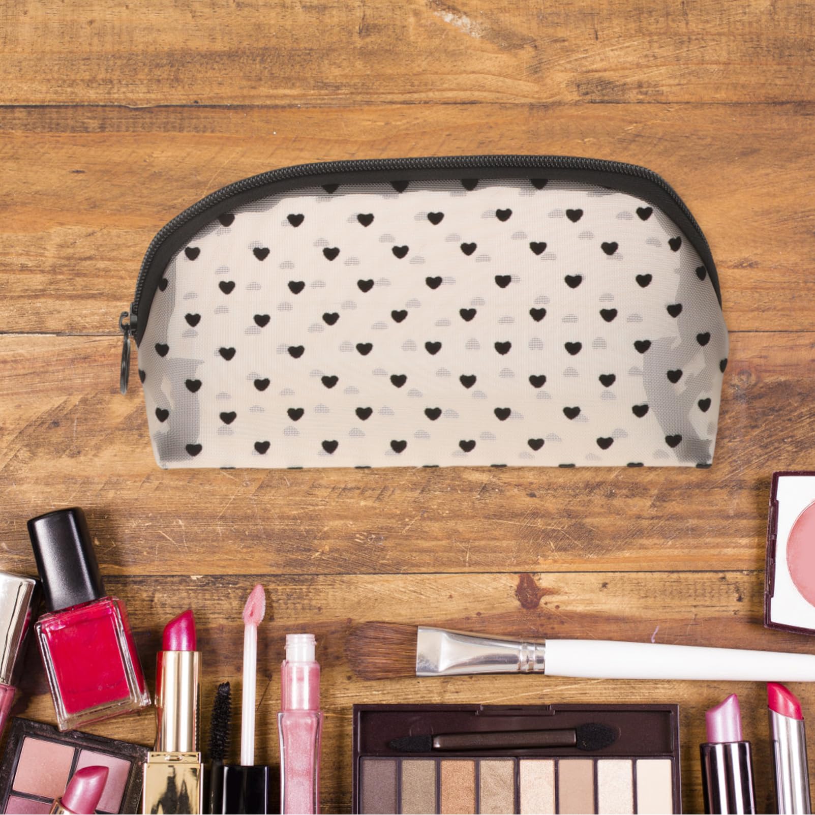 6 Stck Teiliges Set Herz Make Up Taschen aus Mesh für Tragbare Kosmetiktaschen mit Reißverschluss für Reisen und Aufbewahrung von Make Up und Lippenstiften