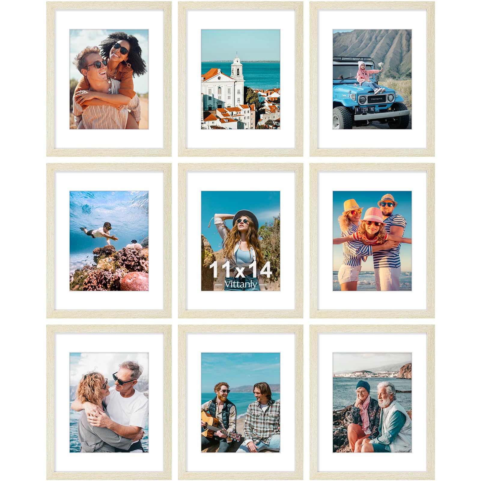 Vittanly 11x14 Picture Frames Set of 9, Shatter Resistant Plexiglass, Display 8x10 Pictures with Mat or 11x14 without Mat, Photo Frames for Wall or Tabletop, Engineered Wood, Cornsilk