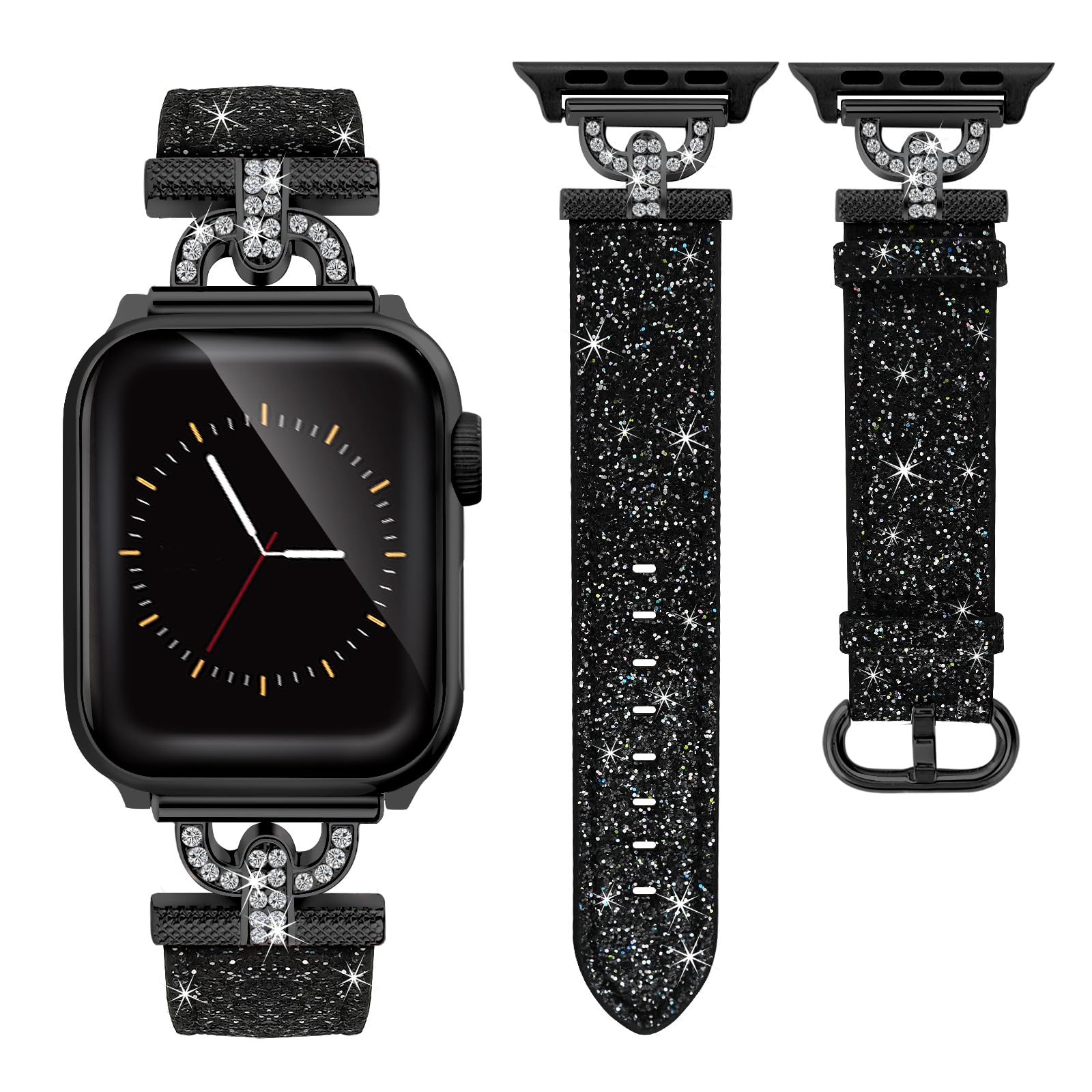 Bling Leather Compatible with Apple Watch Bands 44mm Women, Dressy Fancy Shiny Apple Watch Band 46mm 45mm for iWatch Series 10 9 8 7 6 5 4 3 2 1 SE with Rhinestone D-Shape Metal Buckle