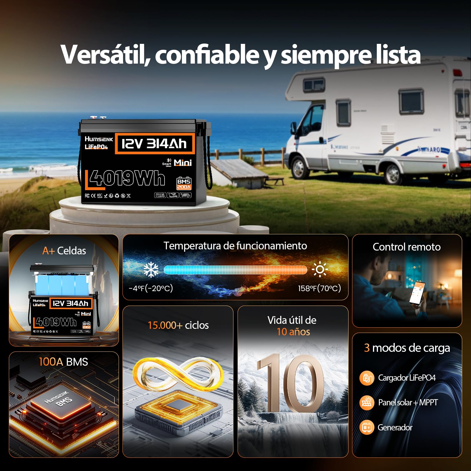 Humsienk Batería Litio LiFePO4 12V 314Ah con Bluetooth, 4019Wh, 200A BMS con Protección de Baja Temperatura, hasta 6000 Ciclos, Batería Recargable para Autocaravana, Barco, Placa Solar y Caravana