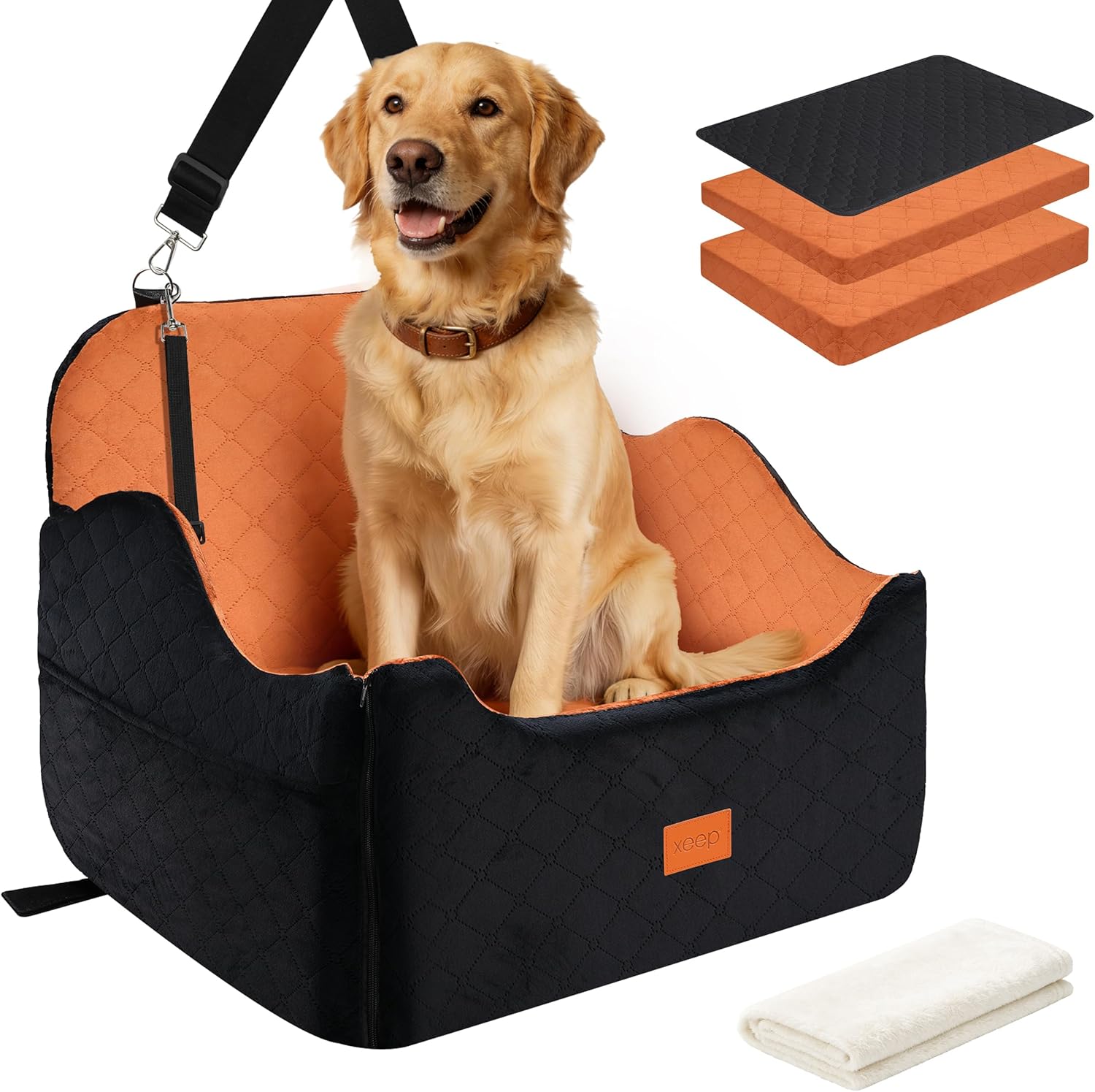 XEEP Dog Car Seat for Medium/Large Dogs Up to 60lbs, Dog Booster Seat with Memory Foam Cushion, Washable Pet Car Seat with Safety Belt & Pee Pad & Blanket, Fits in Back Seat(Black/Brown)