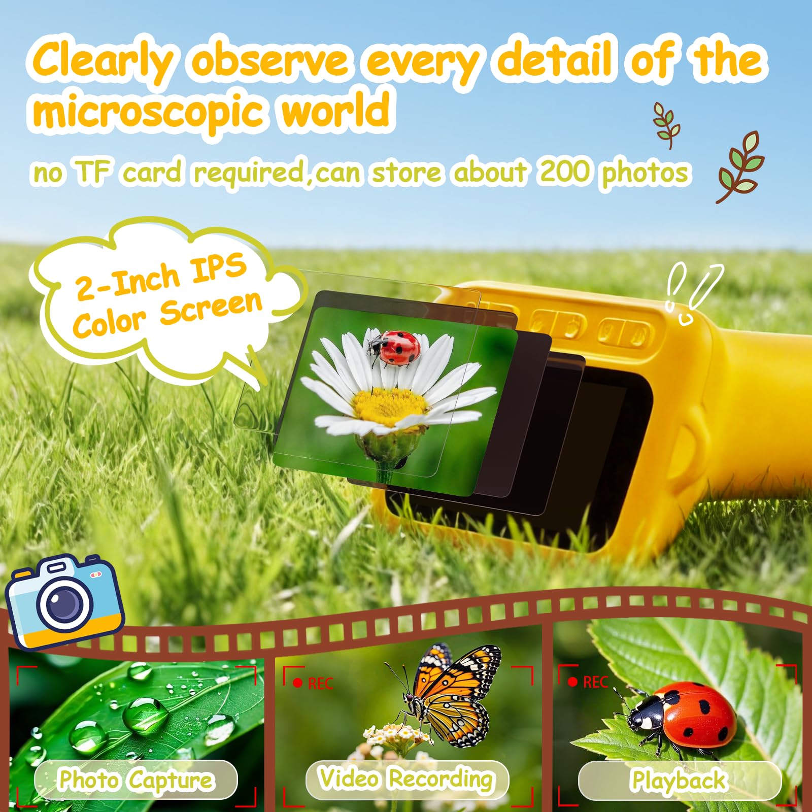 Microscope Enfant Portable 1000X – Microscope Numérique avec Écran IPS 2 Pouces et 8 LED, Fonction Photo & Vidéo, Cadeau d’Anniversaire Scientifique pour Garçons et Filles (Jaune)
