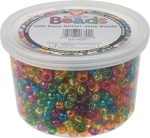 Hygloss Productos Bucket O'Beads  Surtido de cuentas de poni de plástico para manualidades, joyas, llaveros y más  Contenedor reutilizable  Glitter