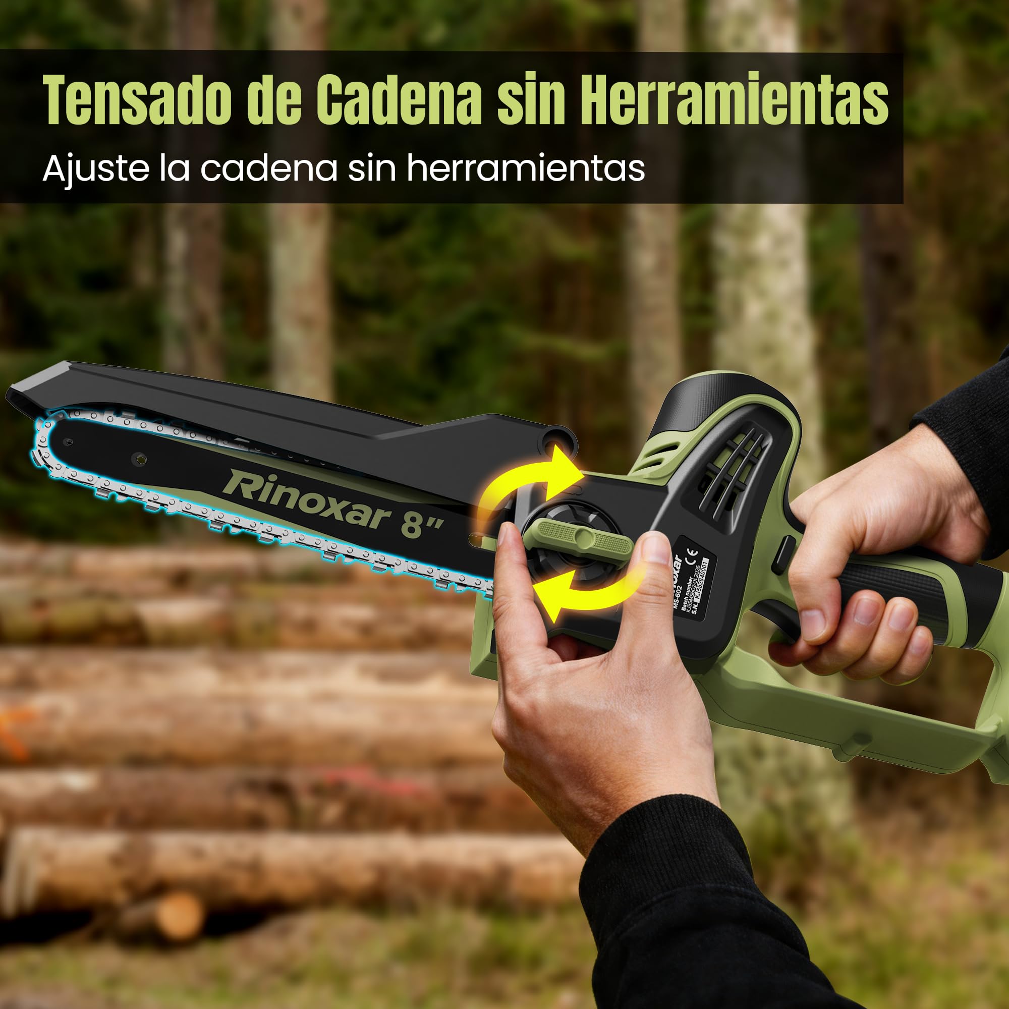 Mini Motosierra a Batería 8 Pulgadas, Motosierra Eléctrica con 2×5200 mAh Baterías, Lubricación Automática con Bomba de Aceite, Tensión de Cadena sin Herramientas, Sierra Eléctrica para Jardinería