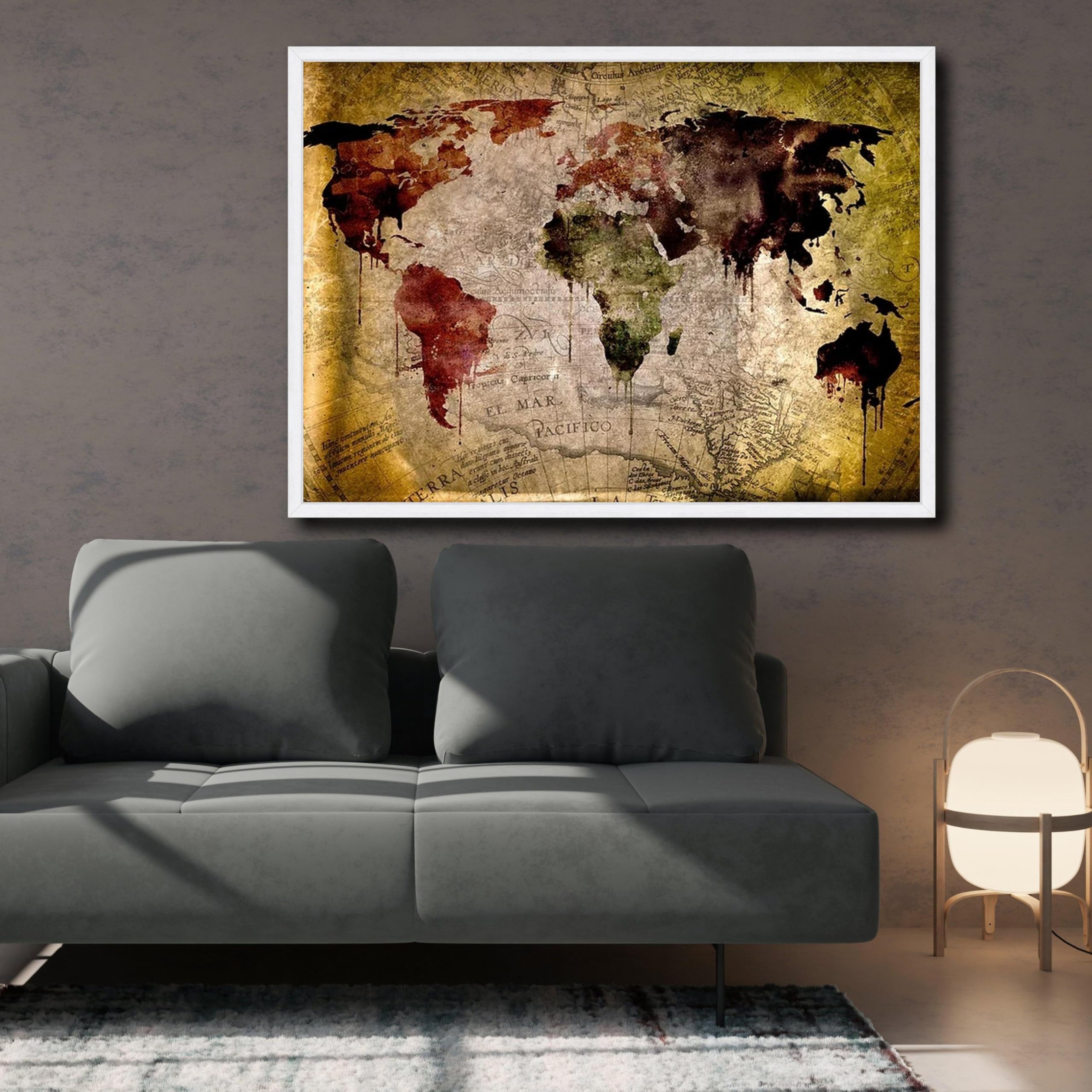 YUSUZHU Vintage-Landkarten-Leinwandbild, Wandkunst im Antik-Stil, rustikale Wohndekoration, Geografie-Druck, gemalte Kartenkunst, fertig zum Aufhängen (50 x 75 cm/Innenrahmen)