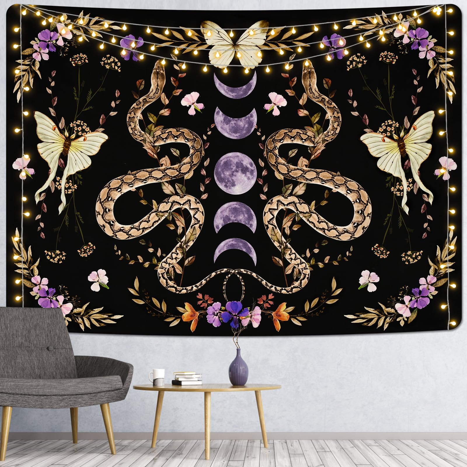 UspringSnake Boho Mandala Wall Hanging - Moon Phase Floral Plants Large Butterfly Tapestry for Bedroom Aesthetic, Black Purple (70.9 x 92.5 inches)