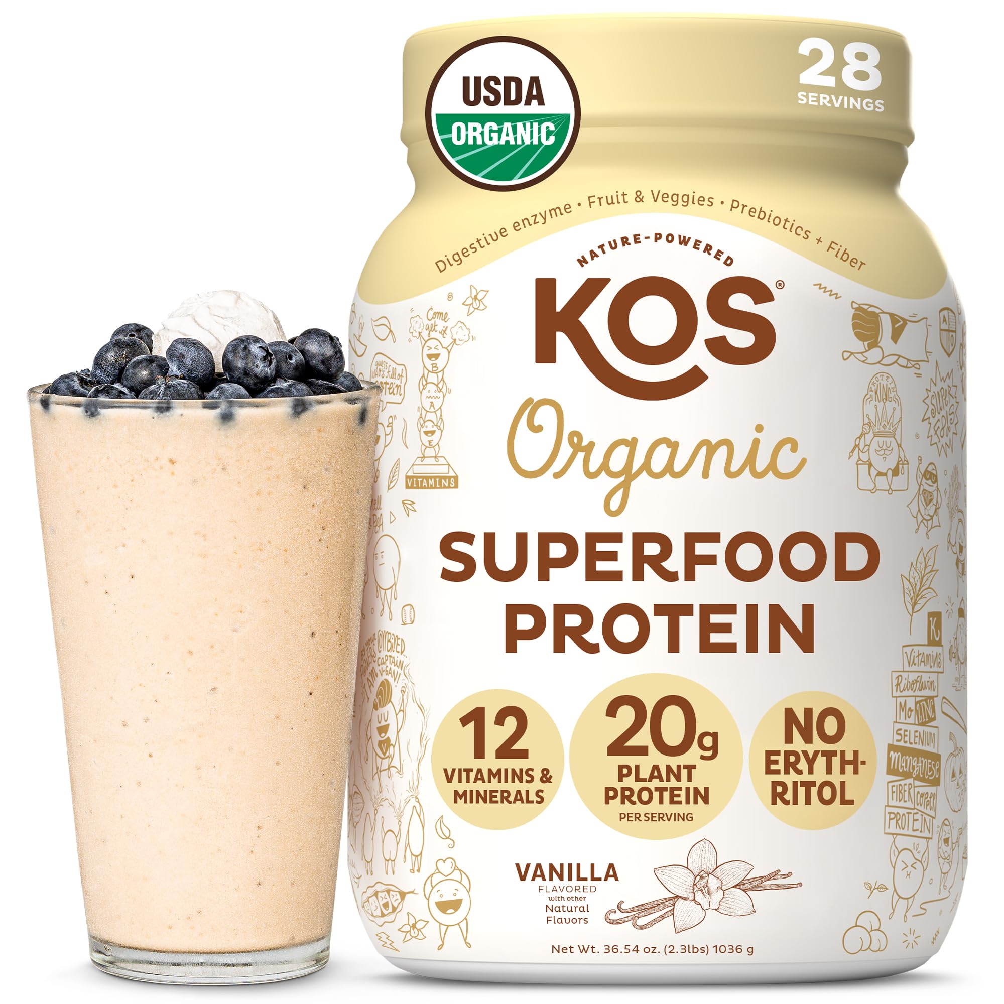 KOS Vegan Protein Powder Erythritol Free, Vanilla USDA Organic - Pea Protein Blend, Plant Based Superfood Rich in Vitamins & Minerals - Keto, Dairy Free - Meal Replacement for Women & Men, 28 ServingsKOS Vegan Protein Powder Erythritol Free, Vanilla US…