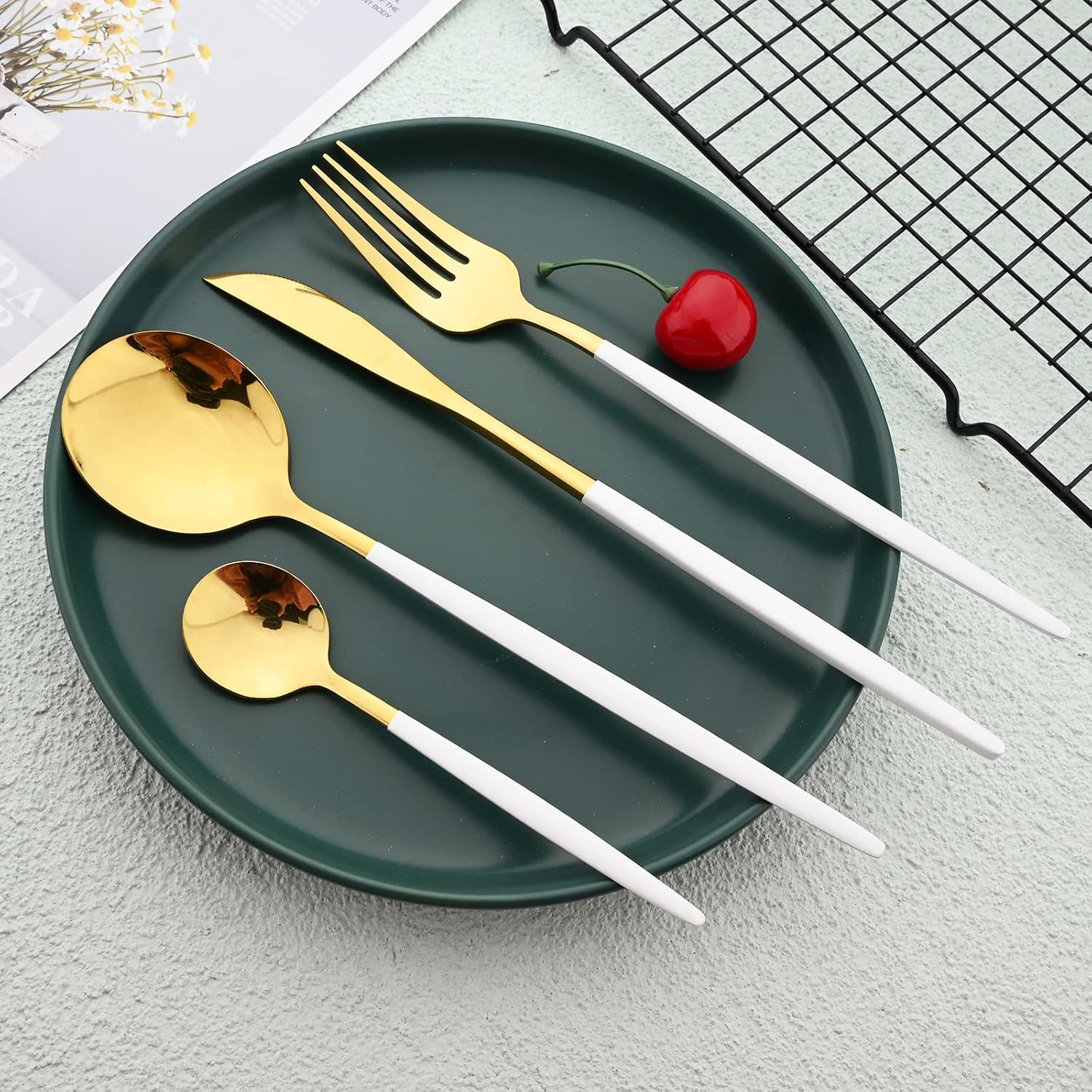 24 Piece Stainless Steel Flatware Set, White Handle With Golden Mouth Silverware Cutlery Set Includes Fork Spoon Knife & Tea Spoon, Service for 6 - Shiny White&Gold