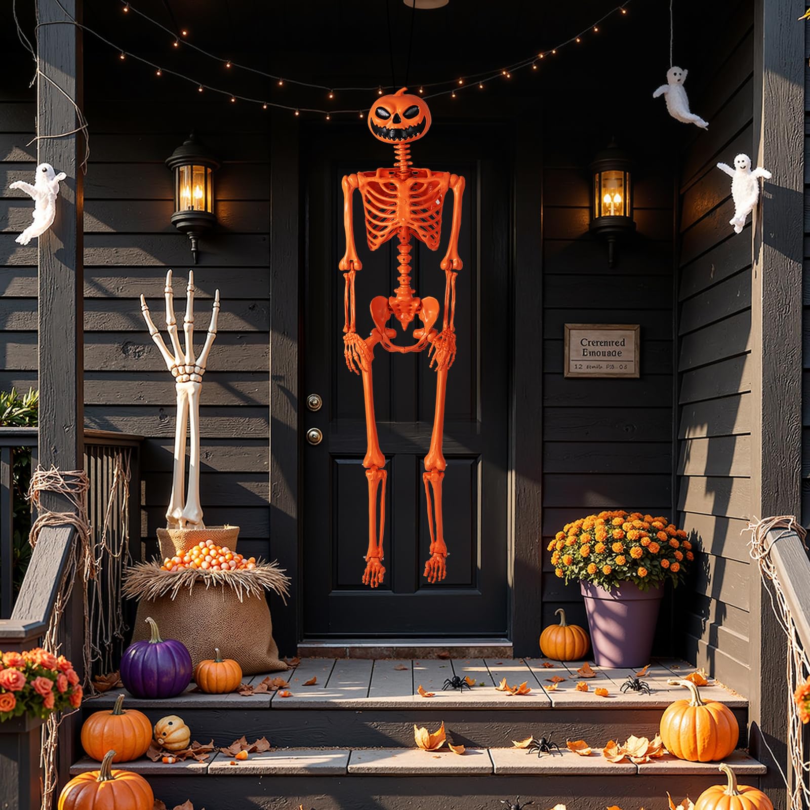 COSTWAY Halloween Deko Skelett, 158 cm, Skelette Kürbis mit beweglichen Gelenken & Seil, Lebensgroße Halloween Dekoration, Plastik, für drinnen, draußen, Friedhofspartys und Spukhaus-Partys, Orange