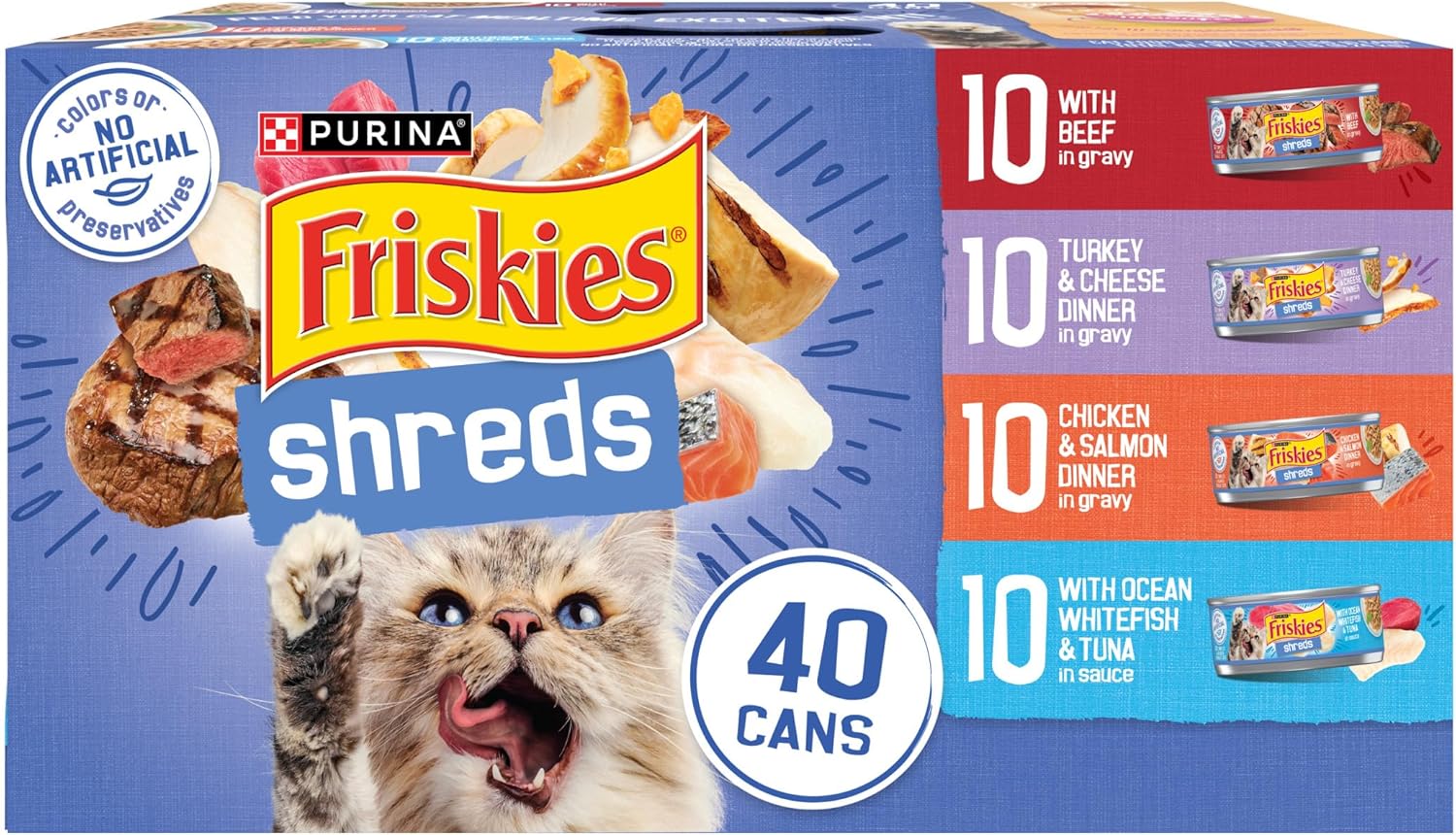 Purina Friskies Wet Cat Food Variety Pack, Shreds With Beef, Turkey and Cheese Dinner, Chicken and Salmon Dinner, and With Ocean Whitefish and Tuna - (Pack of 40) 5.5 oz. Cans 5.5 Ounce (Pack of 40)