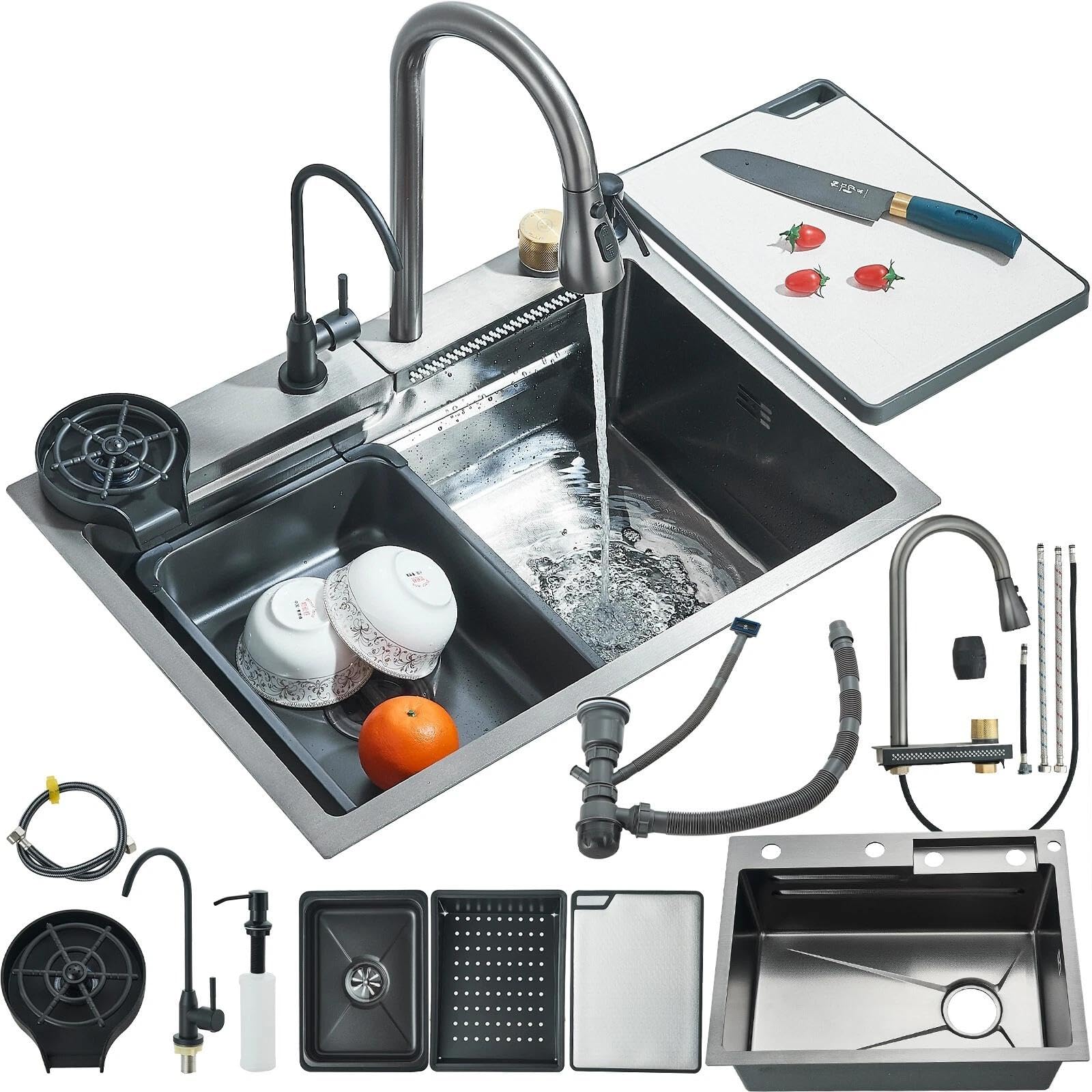 Evier Cuisine Inox 1 Bac avec Robinet Extensible et Pure Rince Verr Automatique 1 Bac avec Egouttoir 60 * 46 * 20cm Inox