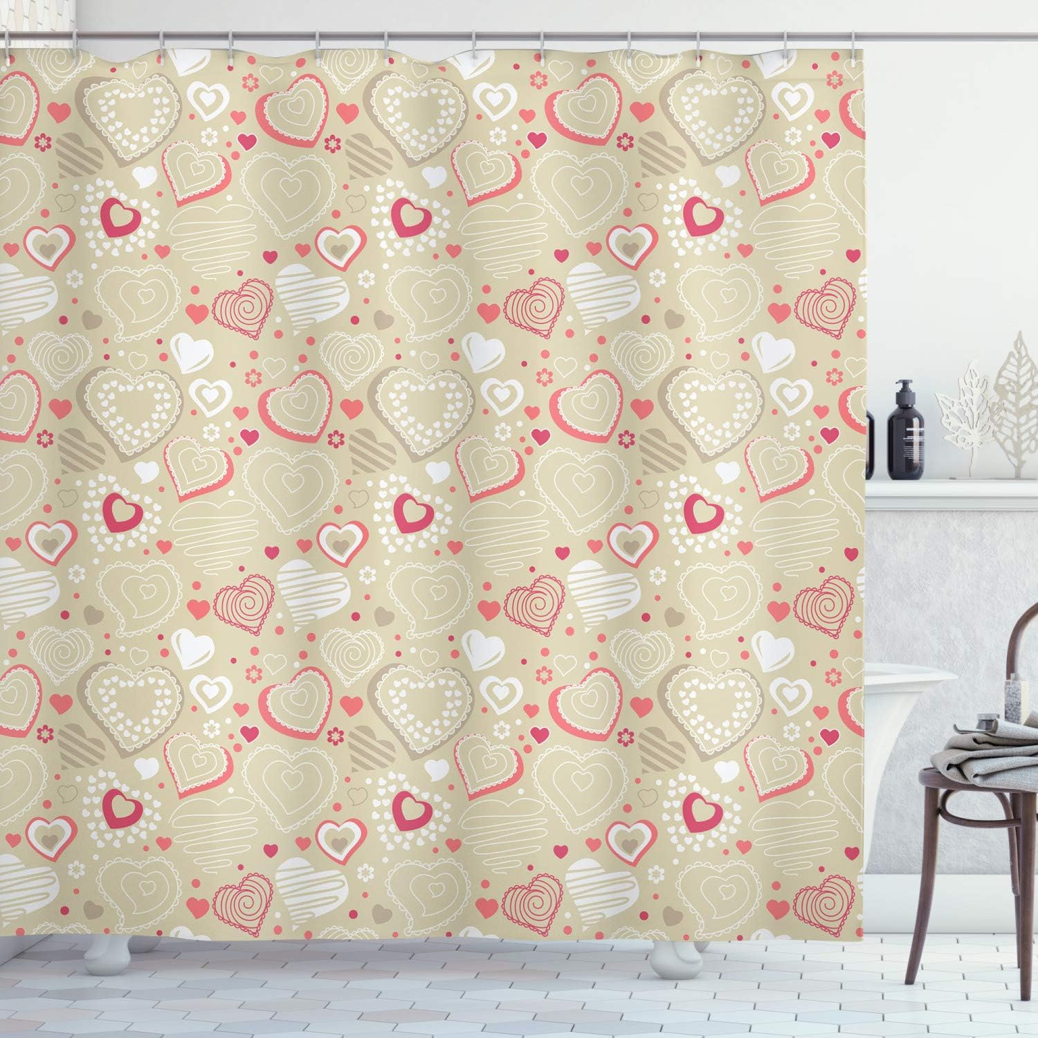 Ambesonne Valentines Shower Curtain, Doodle Style Abstract Heart Shapes with Love and Affection Theme, Cloth Fabric Bathroom Decor Set with Hooks, 69" W x 75" L, Beige Dark Coral White