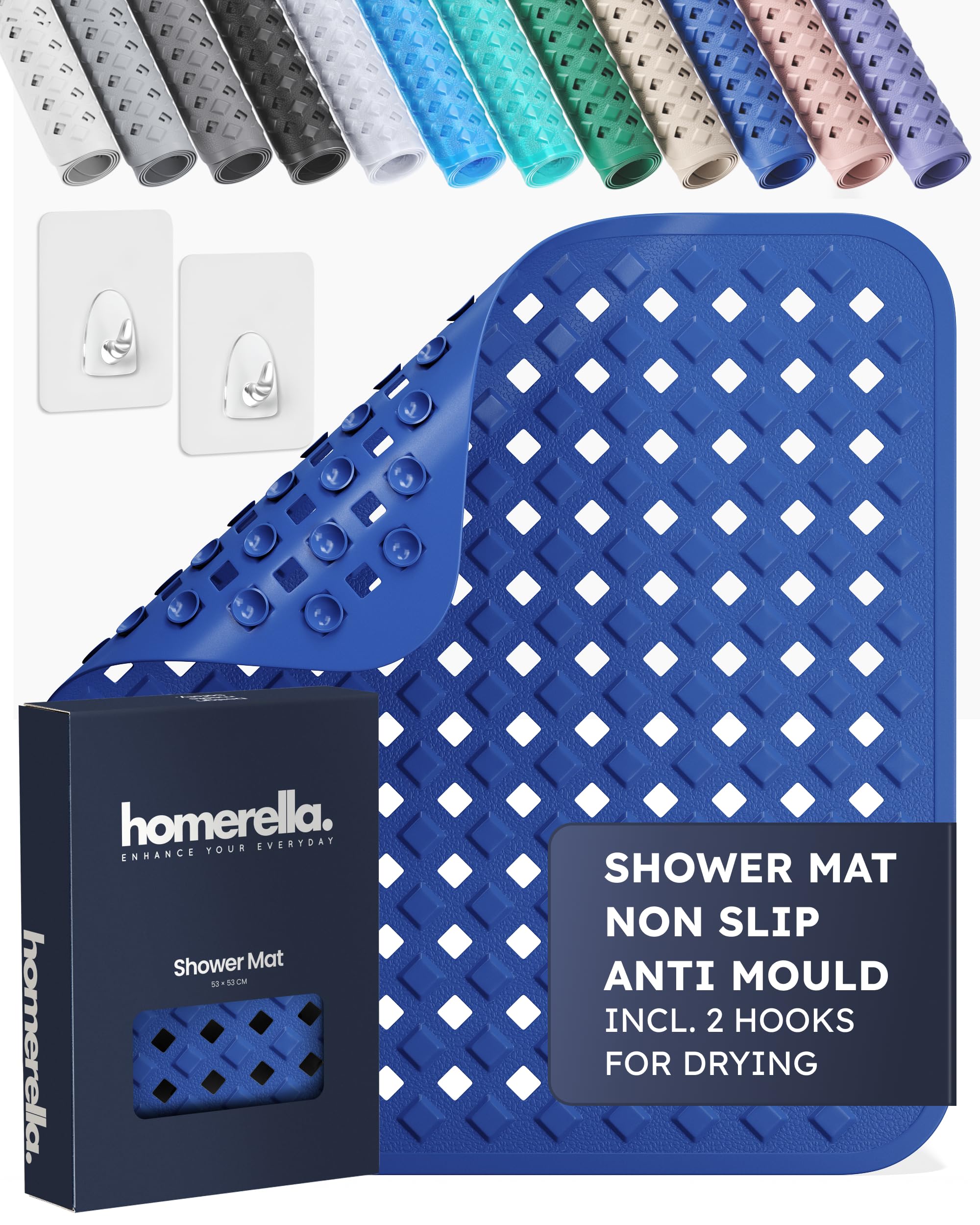 homerella® Shower Mat Non Slip Anti Mould 53 x 53 cm, INCL. Hooks for Drying Bath Mat Non Slip Anti Mould