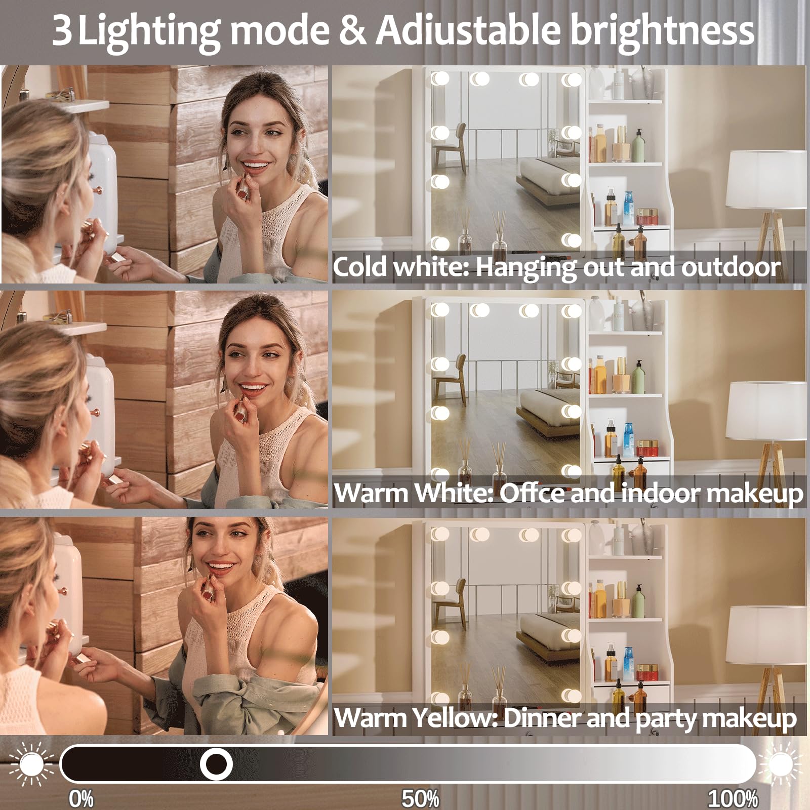 Sdoitltd Vanity Desk with Mirror and 10 Lights, Makeup Table with 7 Drawers, 3 Color Modes Available for Bedroom, White Dressing Table with Chair for Girls and Women