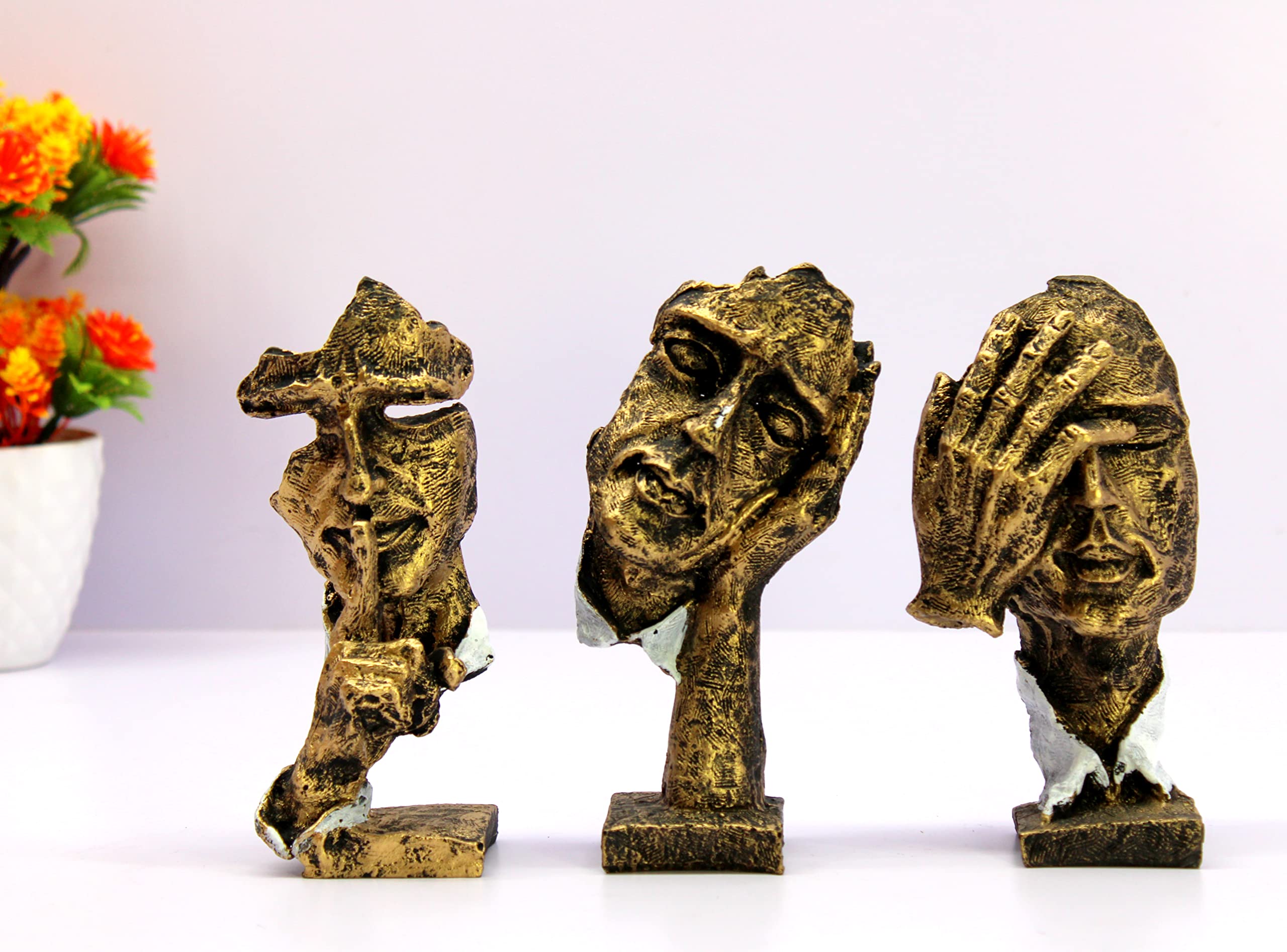 eSplanade Sculptures Zen Visages Humains (Lot de 3) - "Ne Voir, Entendre, dire Aucun Mal | Pièces de déclaration | Décoration d'intérieur en Résine 16,5 cm - Doré.