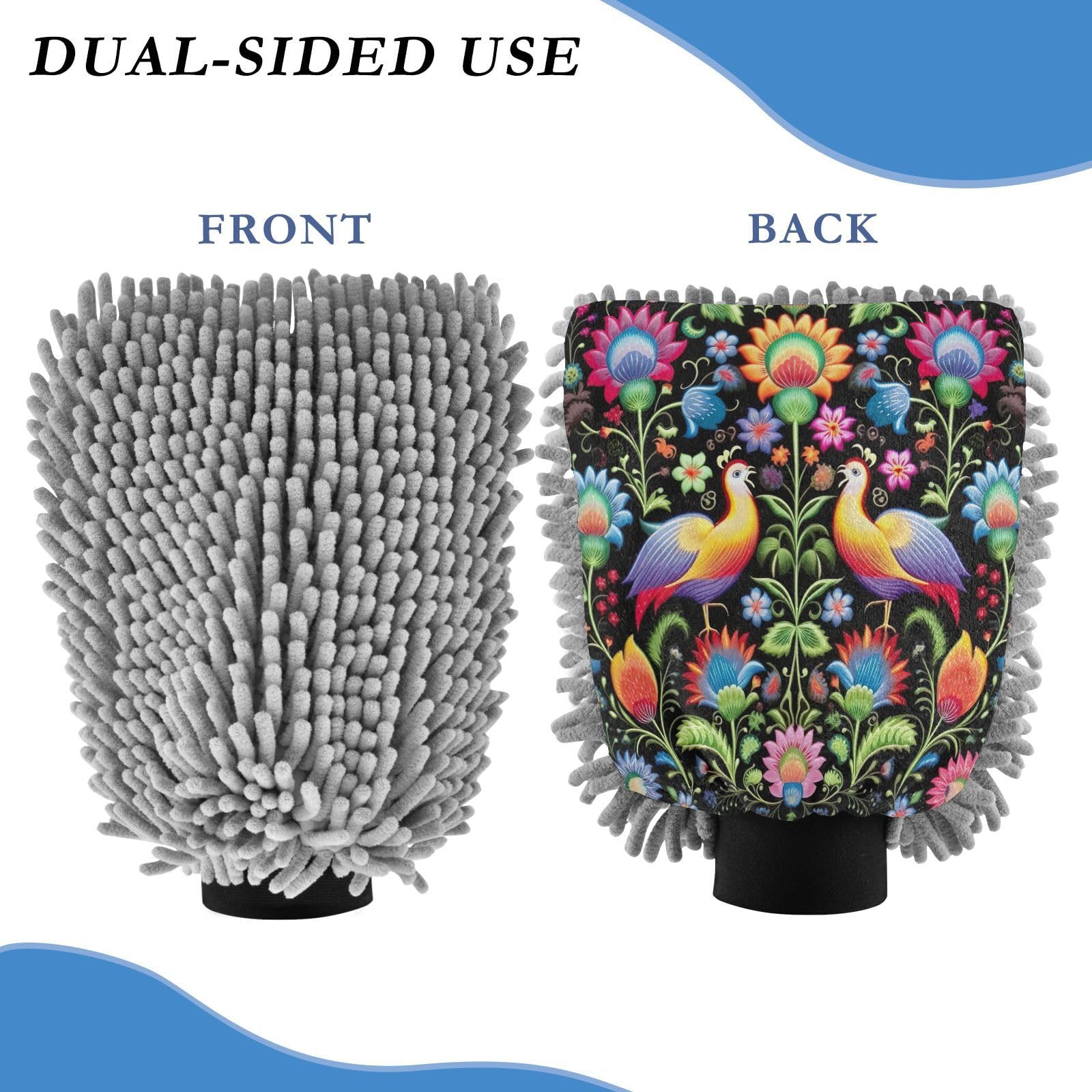 Flradish 2 Pack Bird Flower Car Wash Mitt Chenille Microfiber Lint-Free Scratch Free Ultra-Soft Absorbent Car Wash Mitt 11.8x8.07 Inch