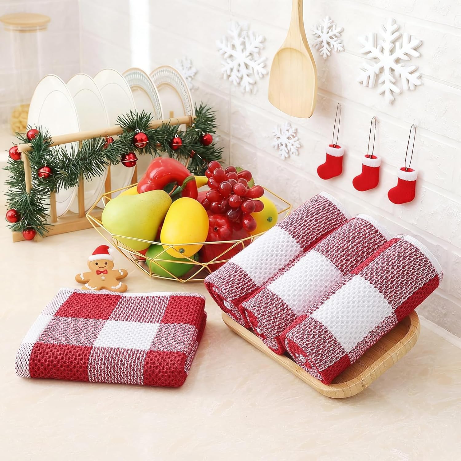 Homaxy 100% Cotton Waffle Weave Check Plaid Kitchen Towels, 13 x 28 Inches, Super Soft and Absorbent Dish Towels for Drying Dishes, 4-Pack, White & Red - Image 2
