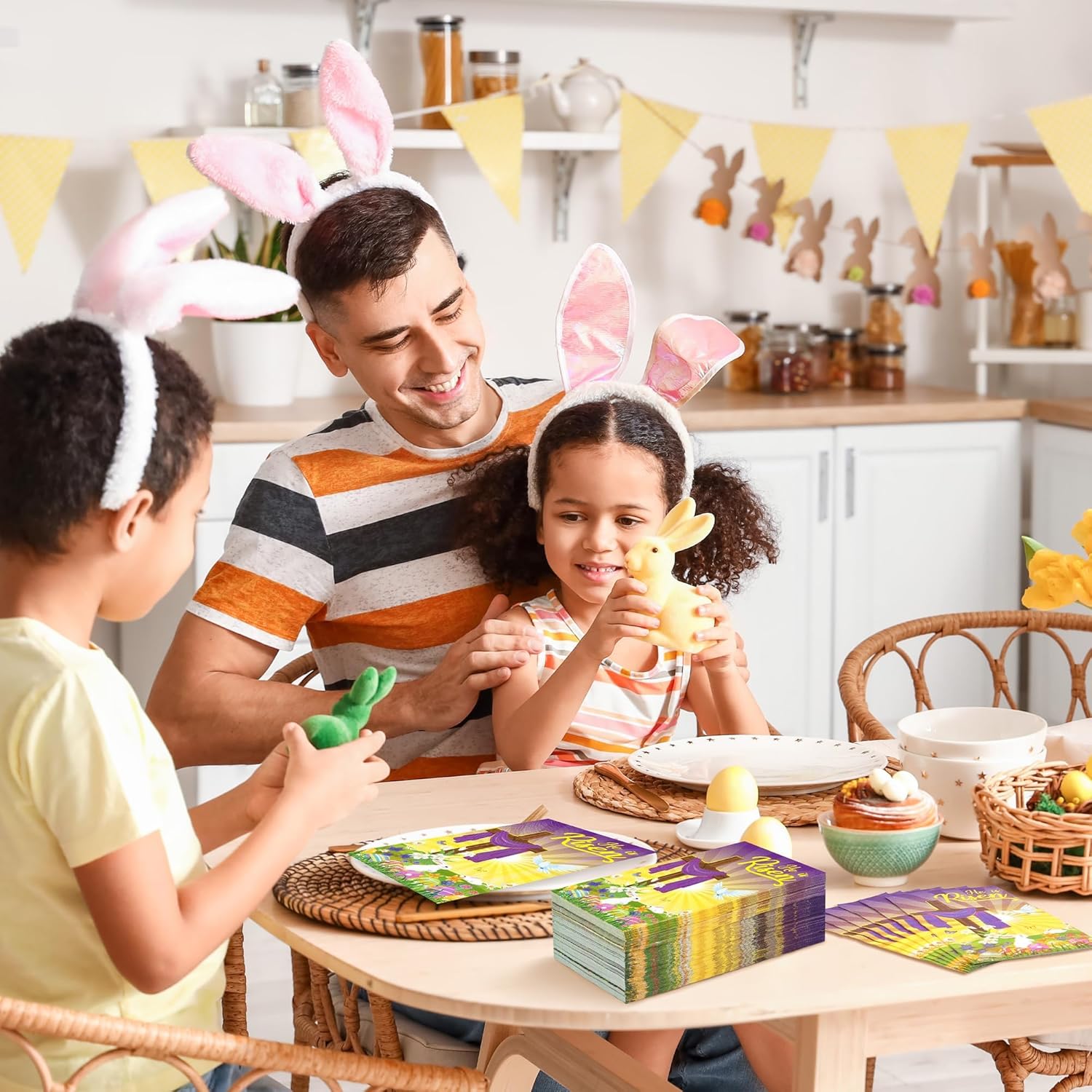 Kochorie 100 Pieces He Is Risen Easter Napkins, Disposable Jesus Cross Napkins, 7.8 x 4.3 Inches Spring Flower Easter Bunny & Egg Paper Decorative Napkin for Easter Spring Holiday Birthday Party Home