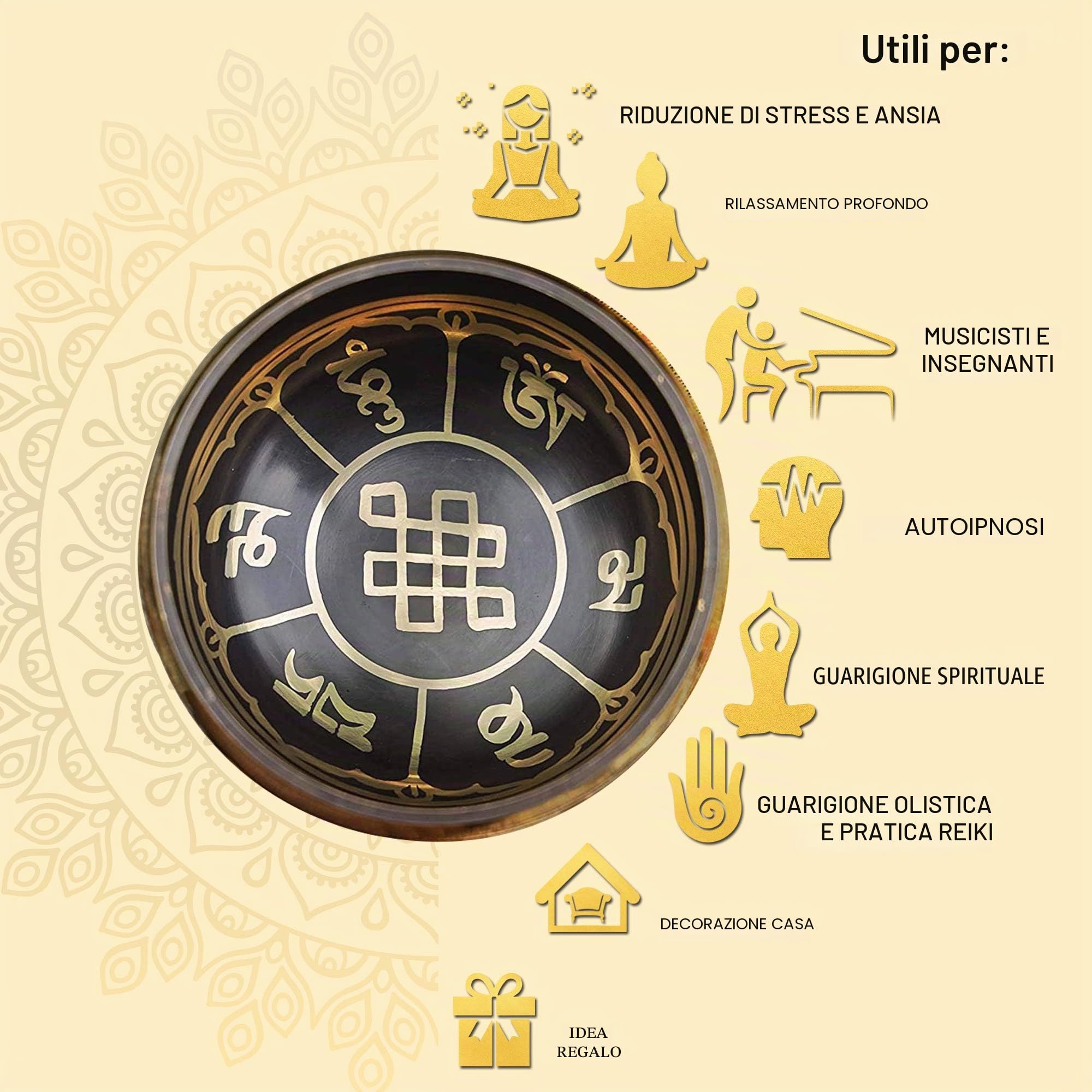 Himalayan Bazaar - Set con campana tibetana, facile da suonare, realizzato a mano, per meditazione tramite il suono, 10 cm, per la guarigione dei 7 chakra