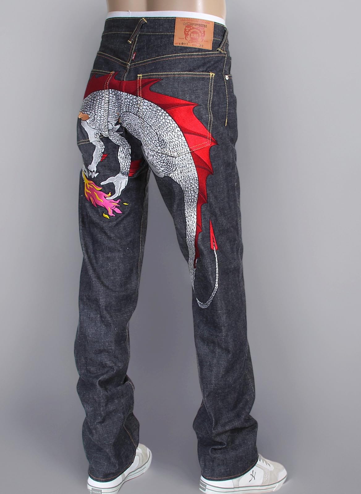 Red Monkey Company Mens Silver Embroidered Hungry Dragon Japanese Selvedge Denim Jeans RMC3743