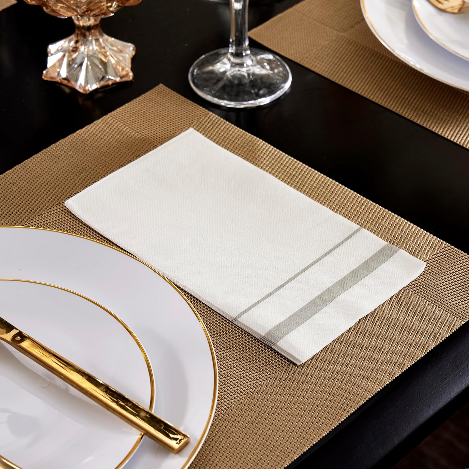 200 Pack Disposable Paper Napkins, Soft and Absorbent Paper Hand Towels, 3-Ply Silver Trim Lined Elegant Dinner Napkins for Kitchen, Wedding, Parties, Dinners or Events (15.7" x 13")