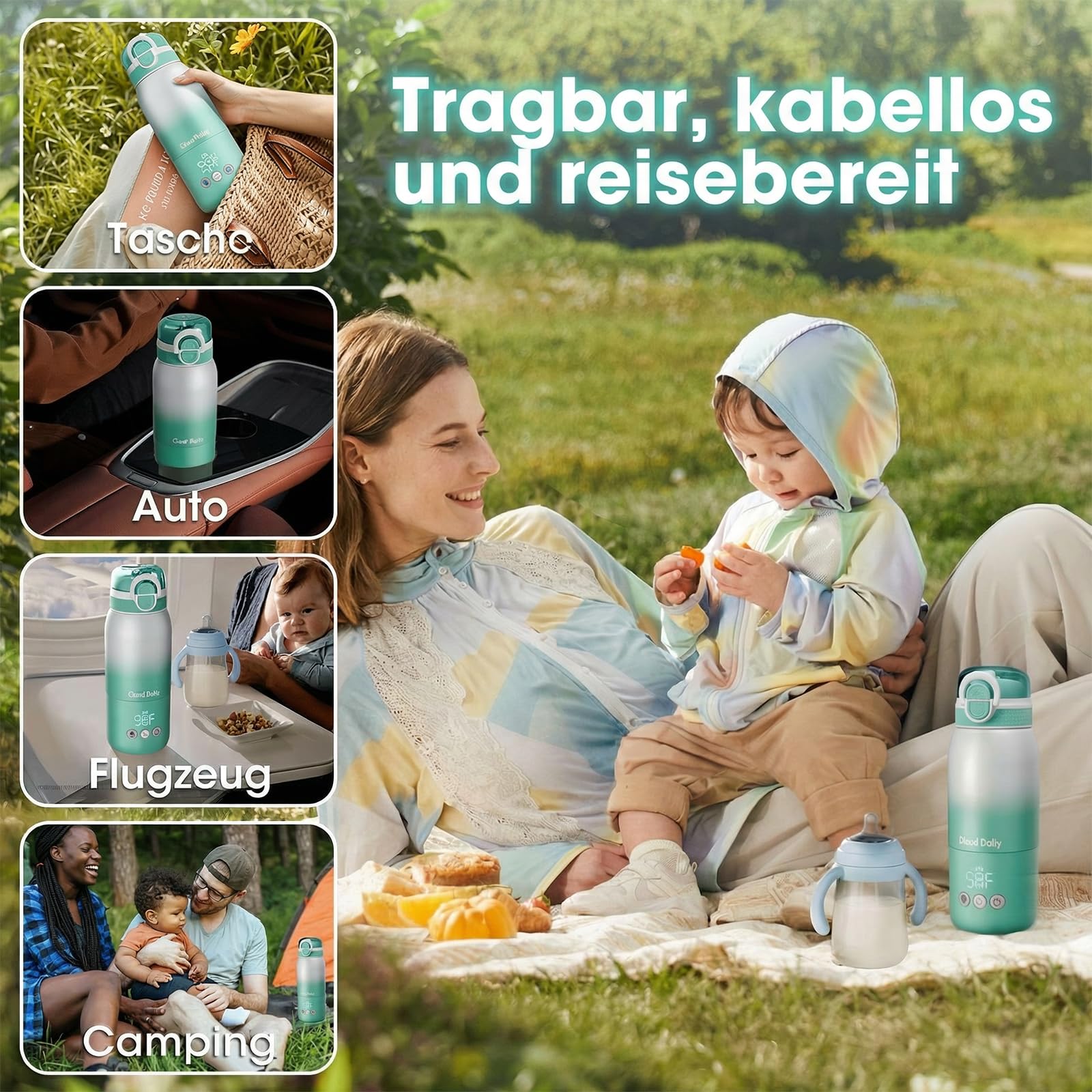 Tragbarer Flaschenwärmer unterwegs für Baby, Schnelles Aufheizen und Lange Akkulaufzeit 12000mAh, Zwei Heizmodi für Muttermilch und Wasser, 355ml Kapazität, Zusätzlicher Strohhalmdeckel den Ganzen Tag
