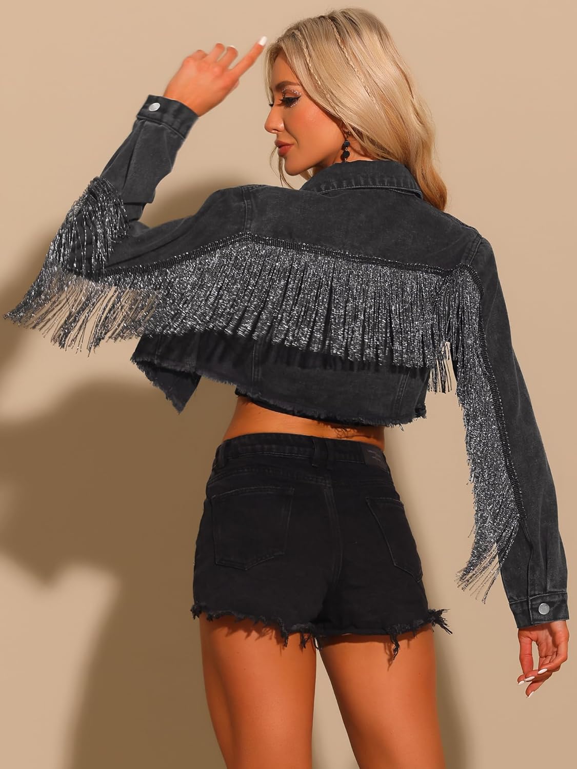 Allegra K Women's Crop Denim Jacket Tassel Casual Button Down Long Sleeves Jean Coat - Image 4