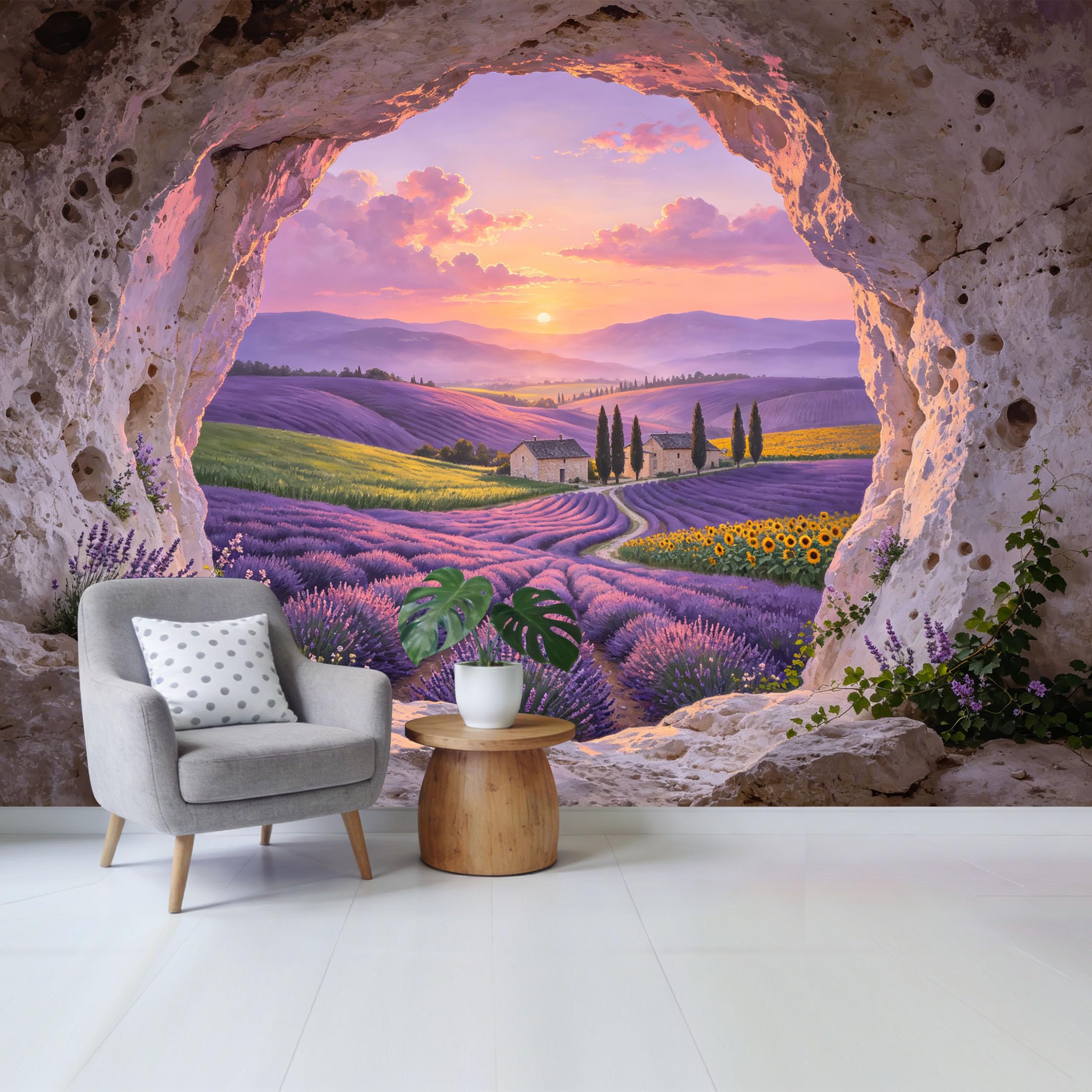 Custom Size Wall Mural Purple Lavender Field Sunflower Sunset Landscape Cave View Removable Self Adhesive Fabric， Home Wall Decor for Living Room Bedroom Bathroom