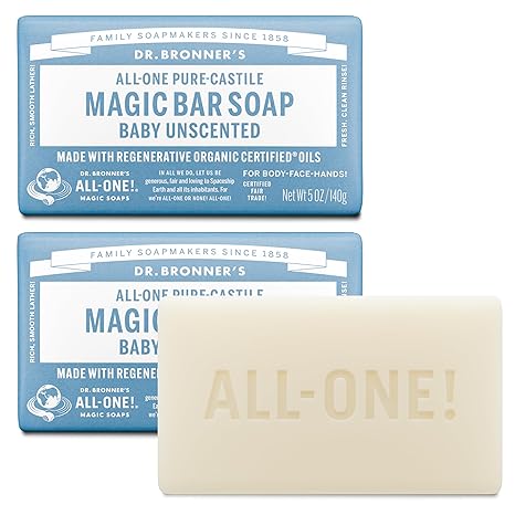 Dr. Bronner's Pure-Castile Baby Unscented Magic Bar Soaps - Made with Regenerative Organic Certified Oils - For Face, Hand, Hair Gentle on Sensitive Skin - Soap Bars for Men & Women - 2 Pack, 5 oz