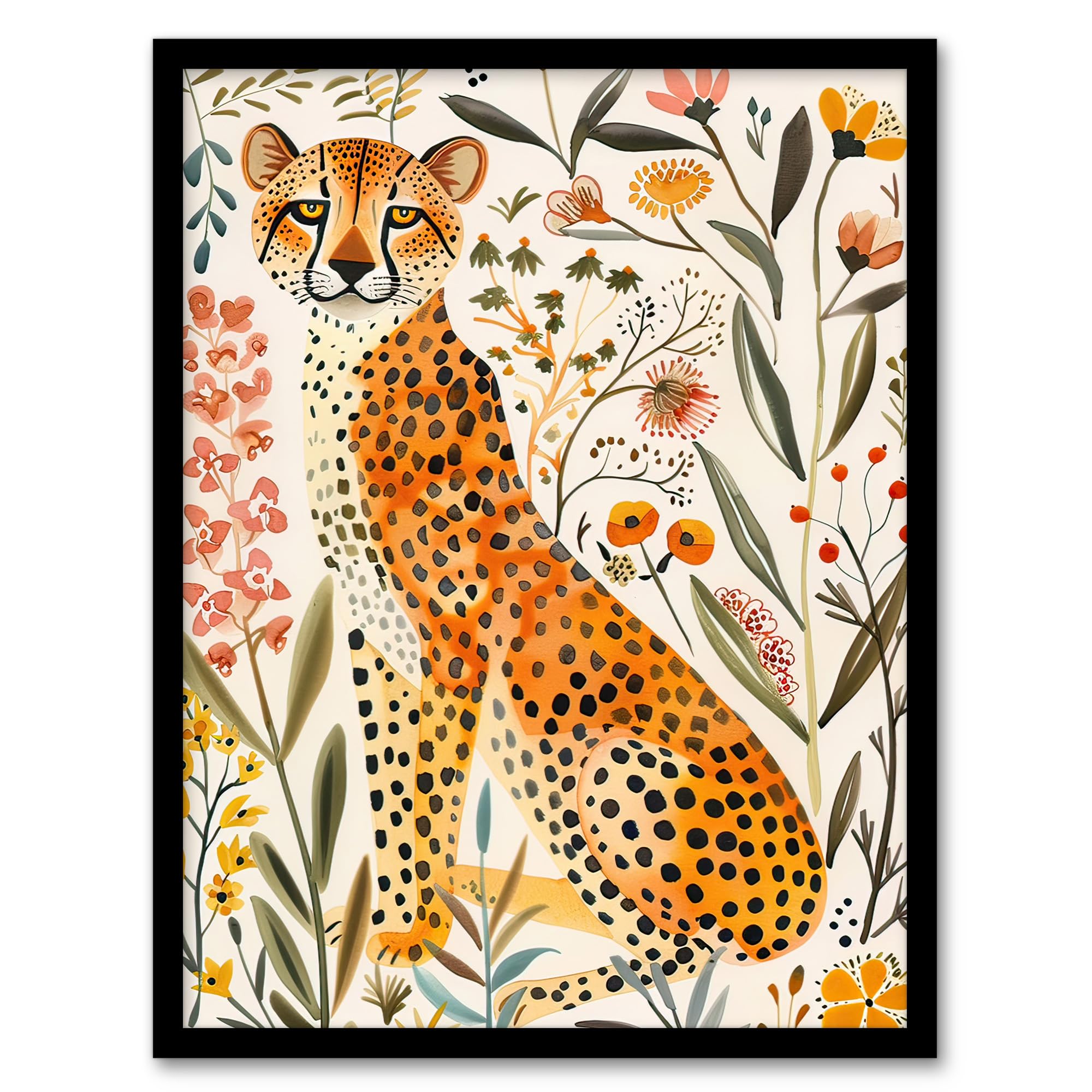 Happy Cheetah with Wildflowers Watercolour Wall Art Poster Print
