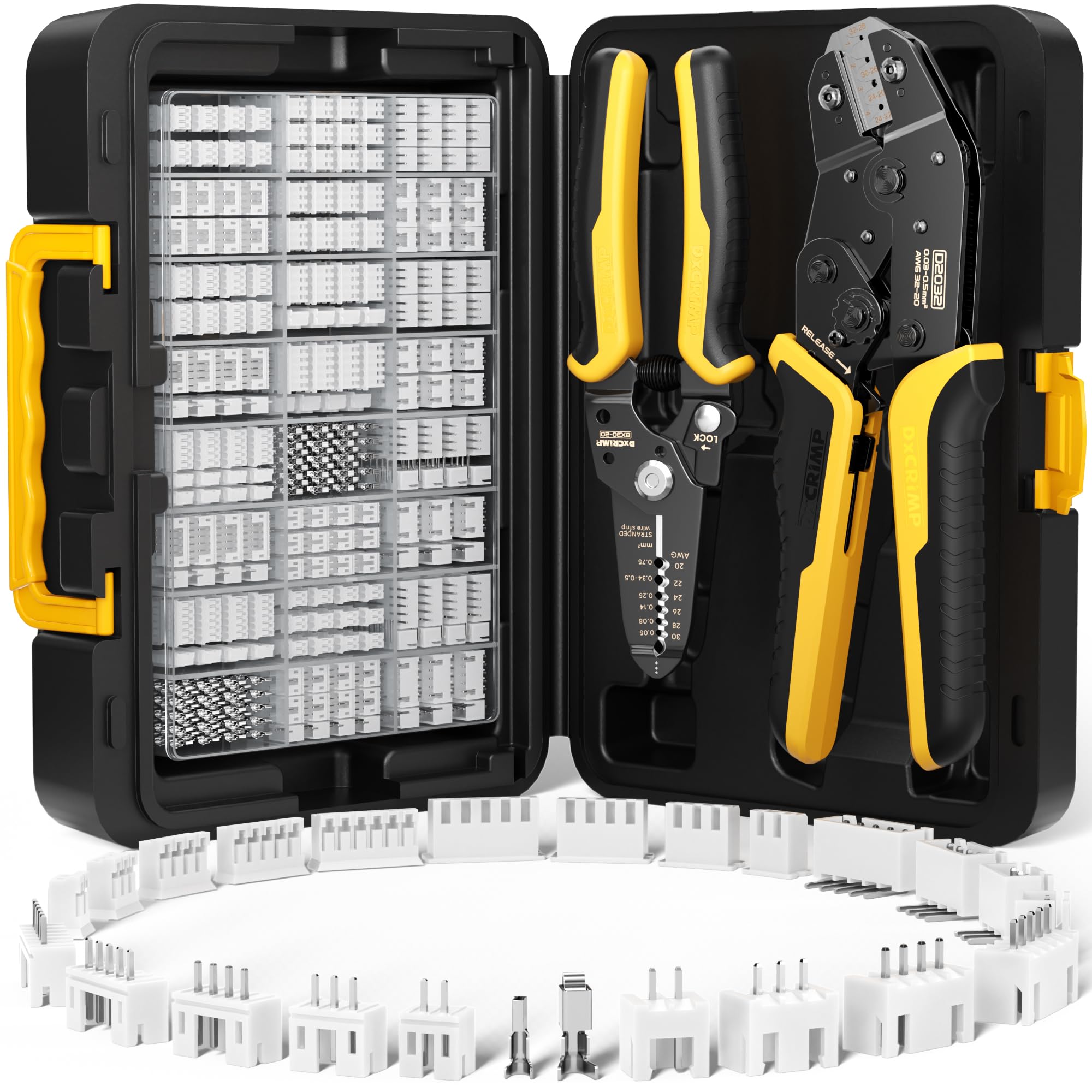 DxCRIMP Pince à Sertir JST, JST-PH 2,0 + JST-XH 2,5mm Connecteur Electronique Sertisseuse, 24 Sortes de Jeux de Connecteurs JST, avec Pince à Dénuder et à Sertir, 0,03-0,5mm², pour Dupont,JST,Molex