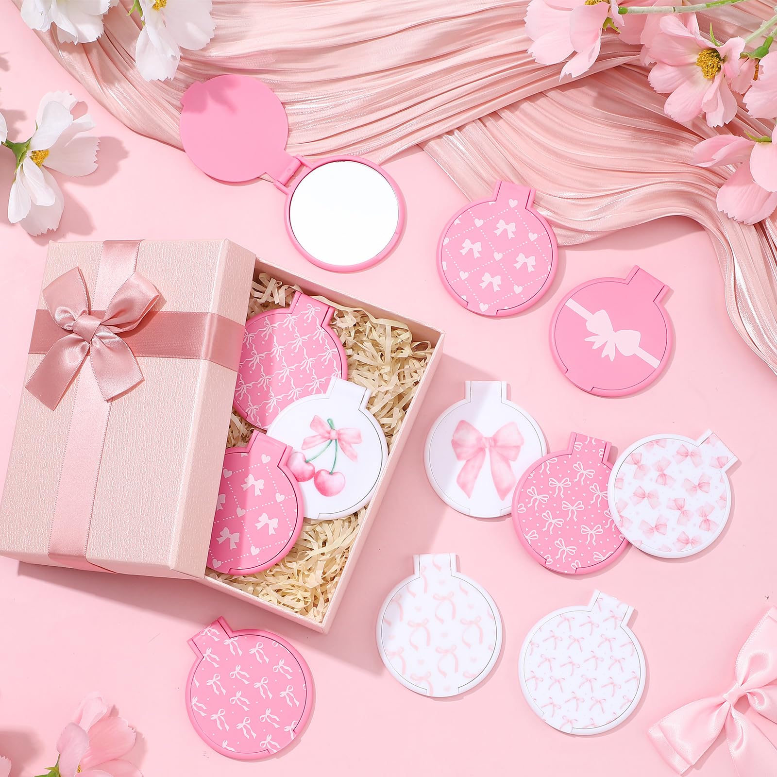 Namalu Lot de 100 miroirs compacts avec nœud rose - Cadeau d'anniversaire pour femme - Mini miroir de poche pour fête prénatale, fête de mariage