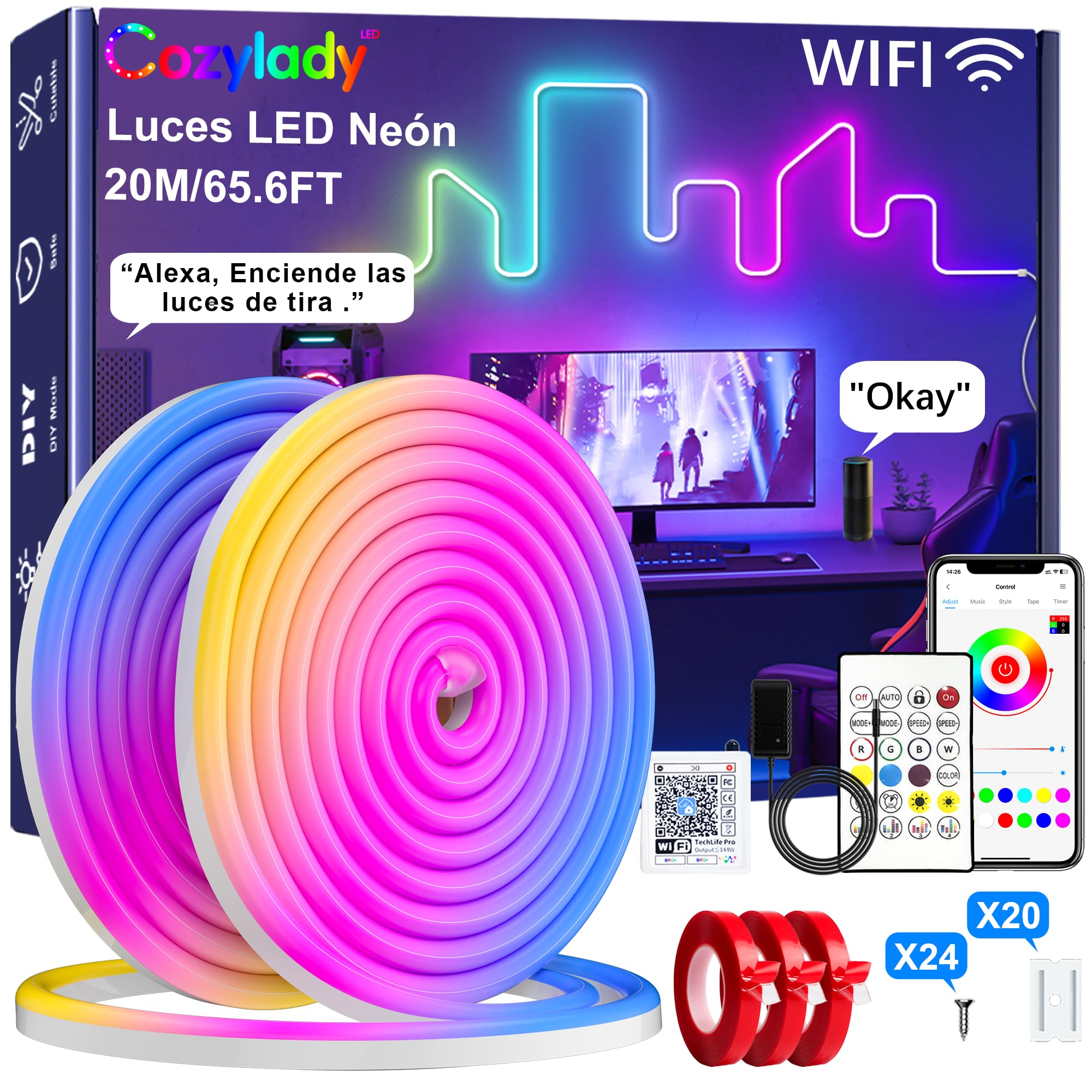 Cozylady - Tira LED Cuerda de NeóN WiFi 20M/65.5FT, Luces LED RGB Compatible con Alexa y Google Home, SincronizacióN de MúSica, Impermeable, Flexible y Ajustable, Adecuada para Exterior Decoración - 20M/65.5FT