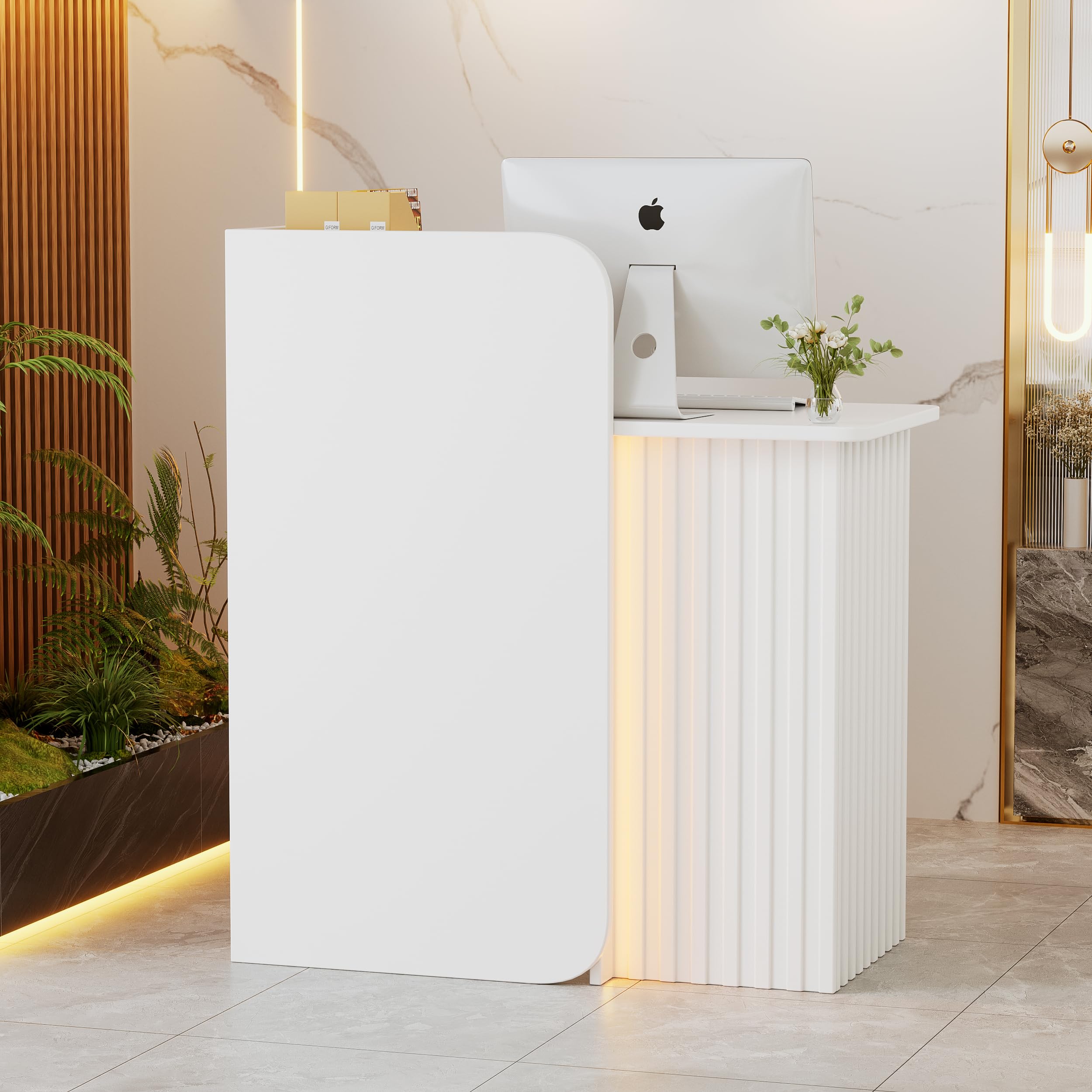 Mostrador de Recepción con iluminación LED Moderno Escritorio de Recepción Compacto Mueble de recepción con Cajón con cerradura Mostrador de Venta Pequeño Mostrador de Tienda Blanco 44*80*100CM