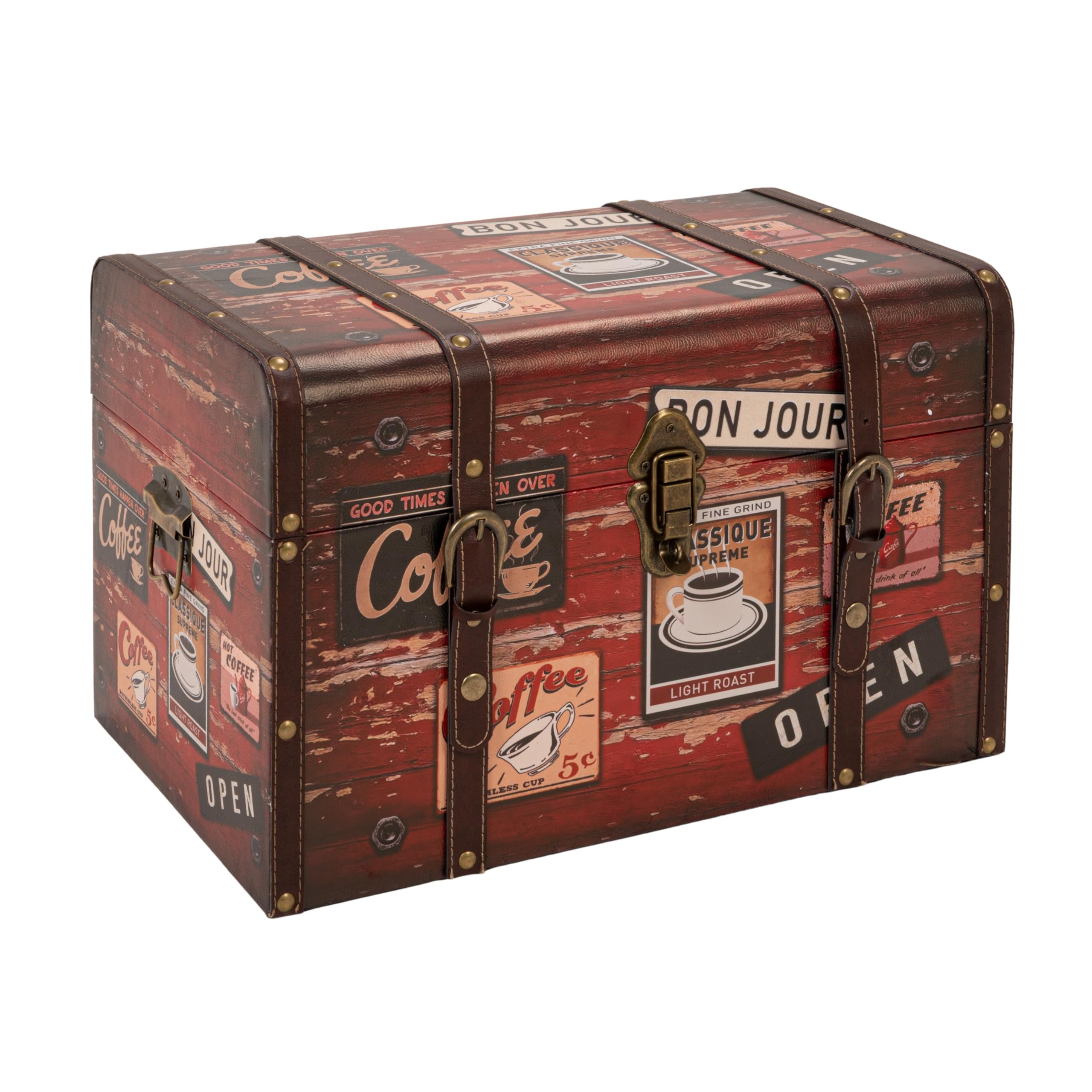 Household Essentials 9245-1 Medium Decorative Home Storage Trunk - Luggage Style - Coffee Shop Design, Orange