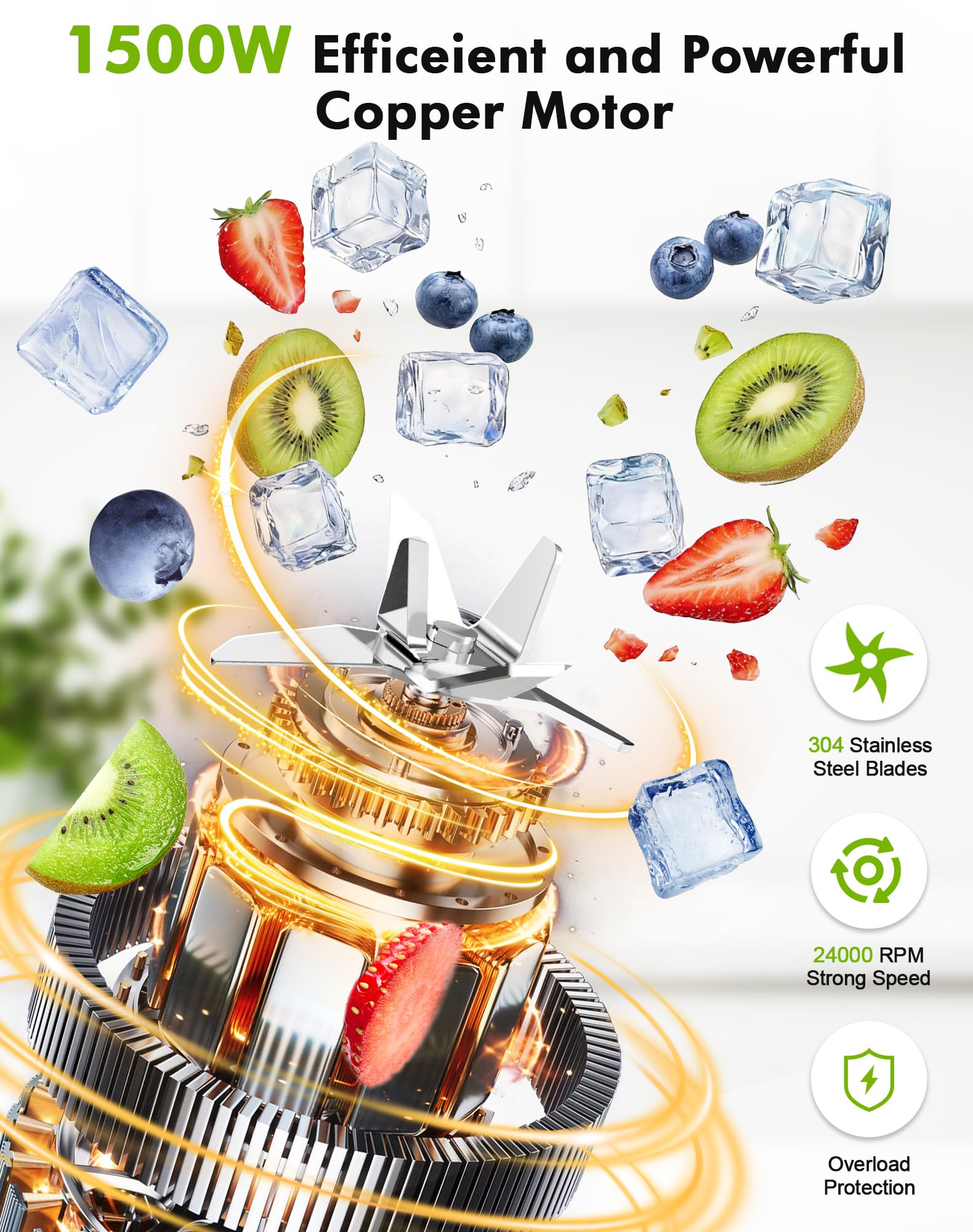 Blender blendera, 1500 W Smoothie blender 24000 obr/min, 12 regulowanych prędkości, 6 ostrzy ze stali nierdzewnej ze szklaną miską 1,5 l / butelka sportowa 600 ml bez BPA Łatwa obsługa i czyszczenie