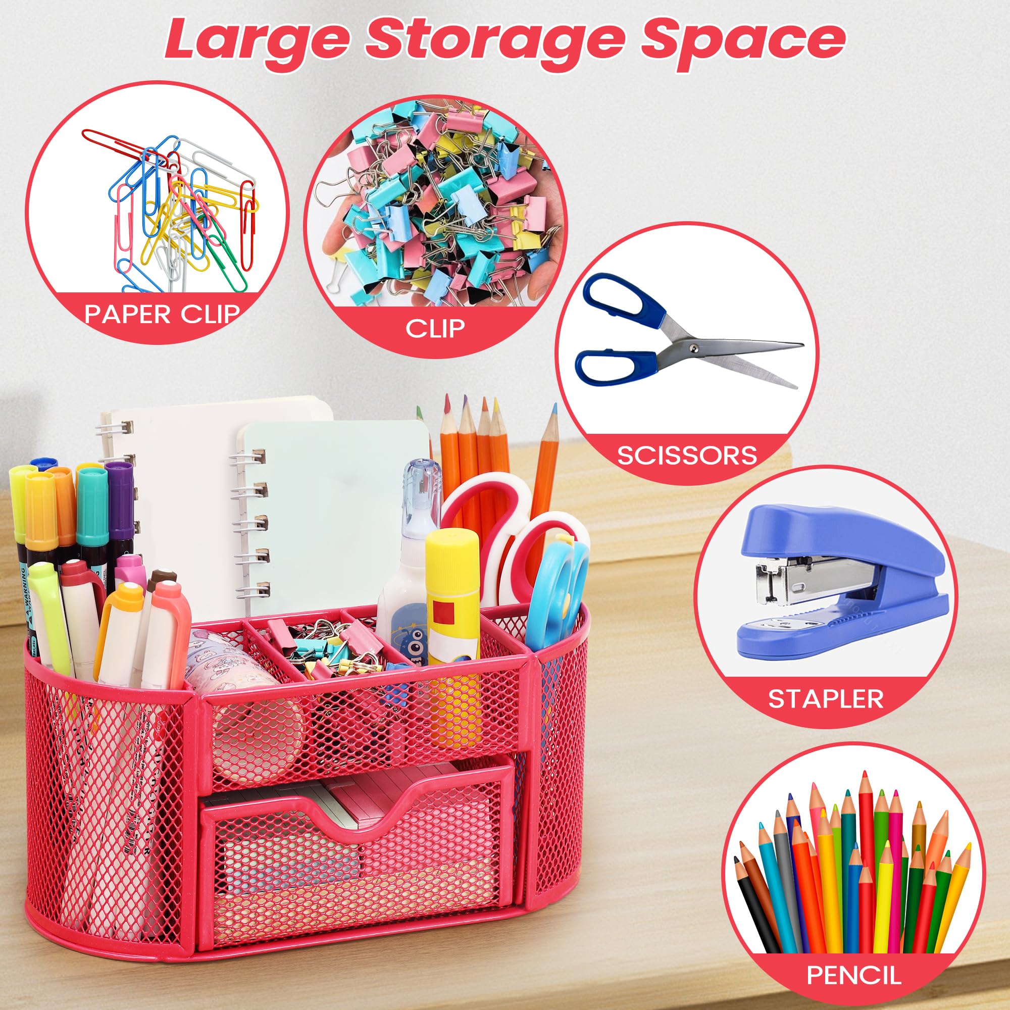 Chumix Organizer Scrivania, Porta Penne per Scrivania, Portapenne da Scrivania in Rete Metallica, Desk Organizer con Cassetto e Porta Penne, per Casa, Scuola, Uffici (Rosa)
